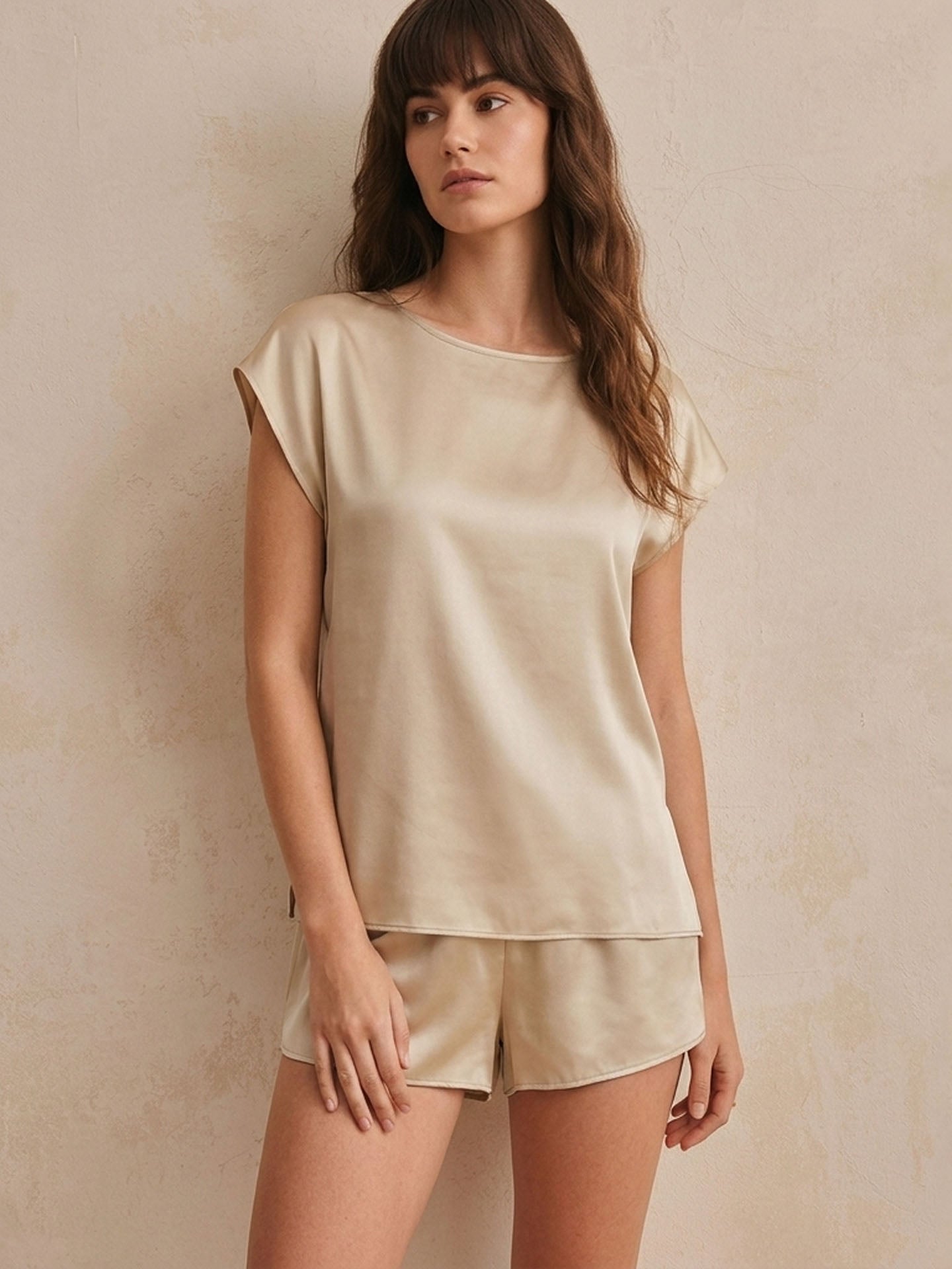 Silk Pajama Shorts Set#color_Golden Beige