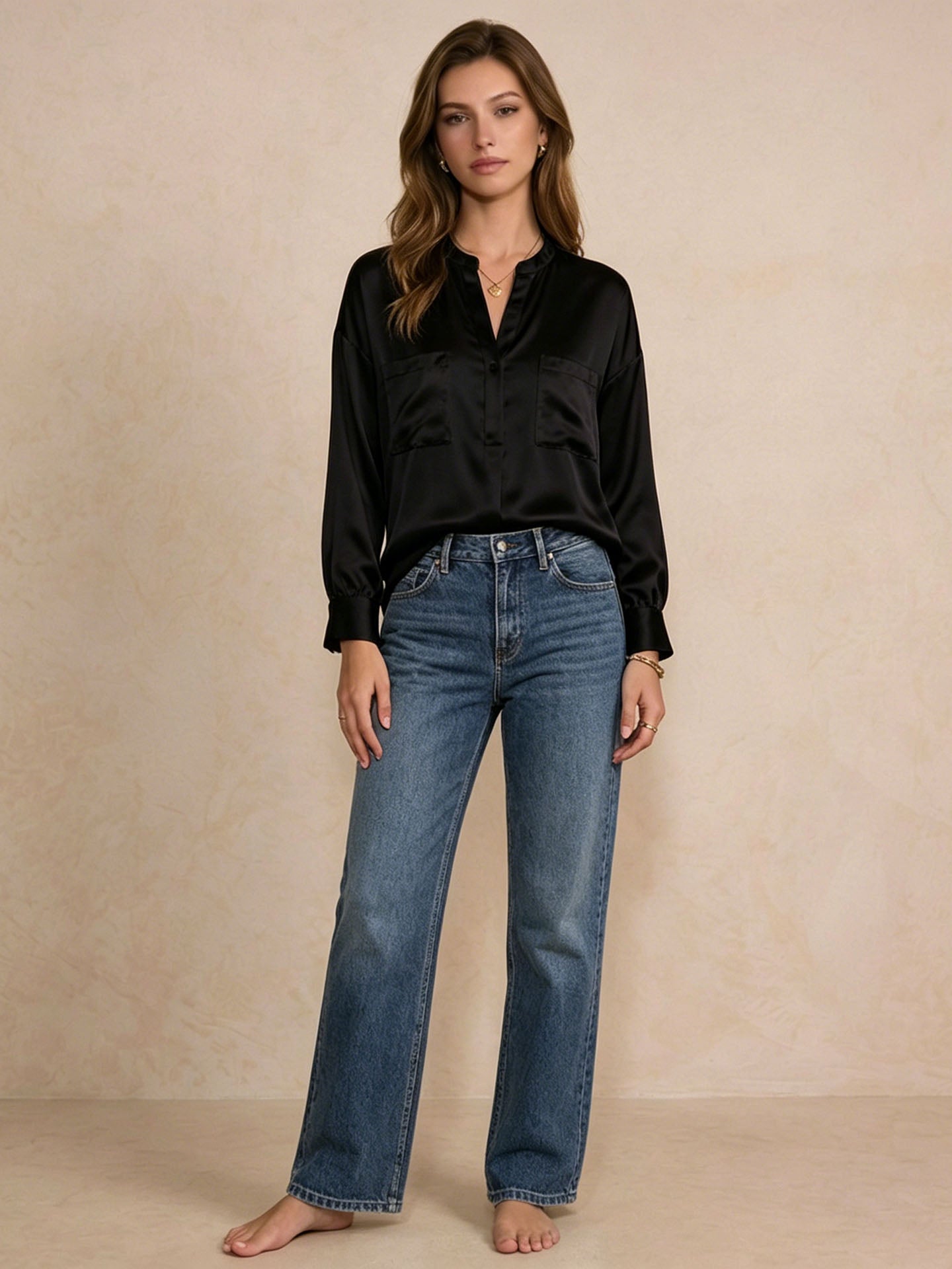 Luxe Deep V-Neck Mulberry Silk Long Sleeve Blouse#color_Black
