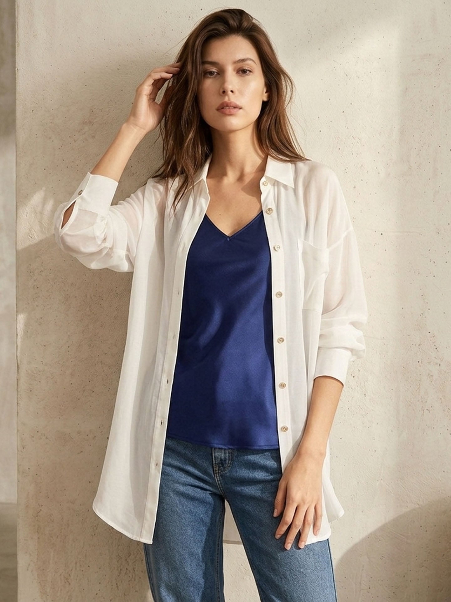 Versatile silk crepe de chine shirt #color_White