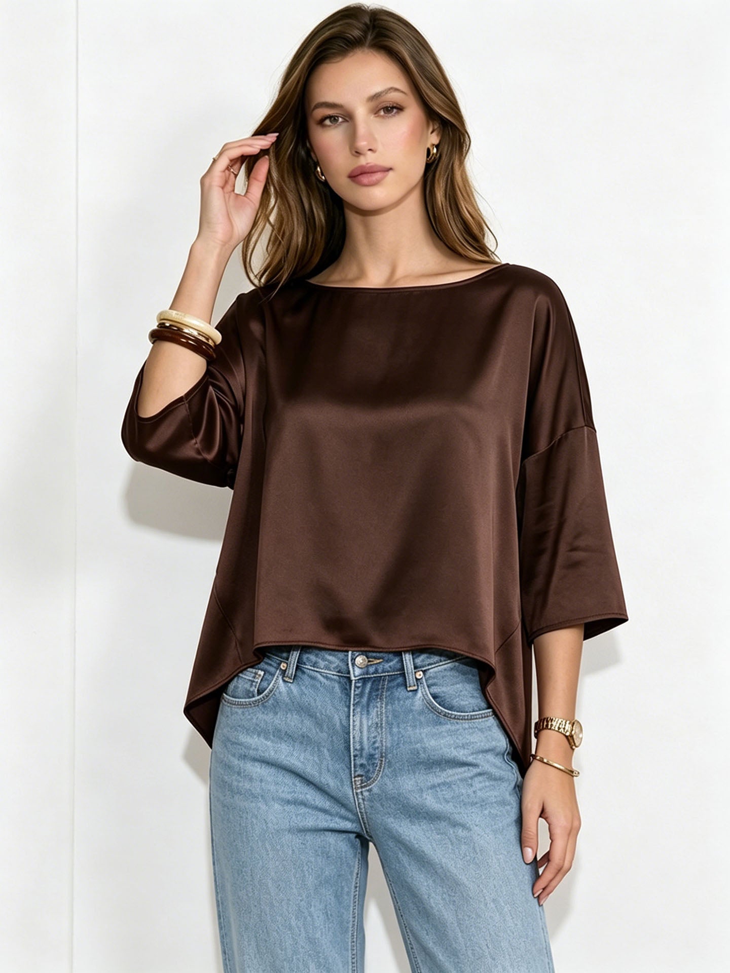 Oversized Boat Neck Silk Blouse#color_Chocolate
