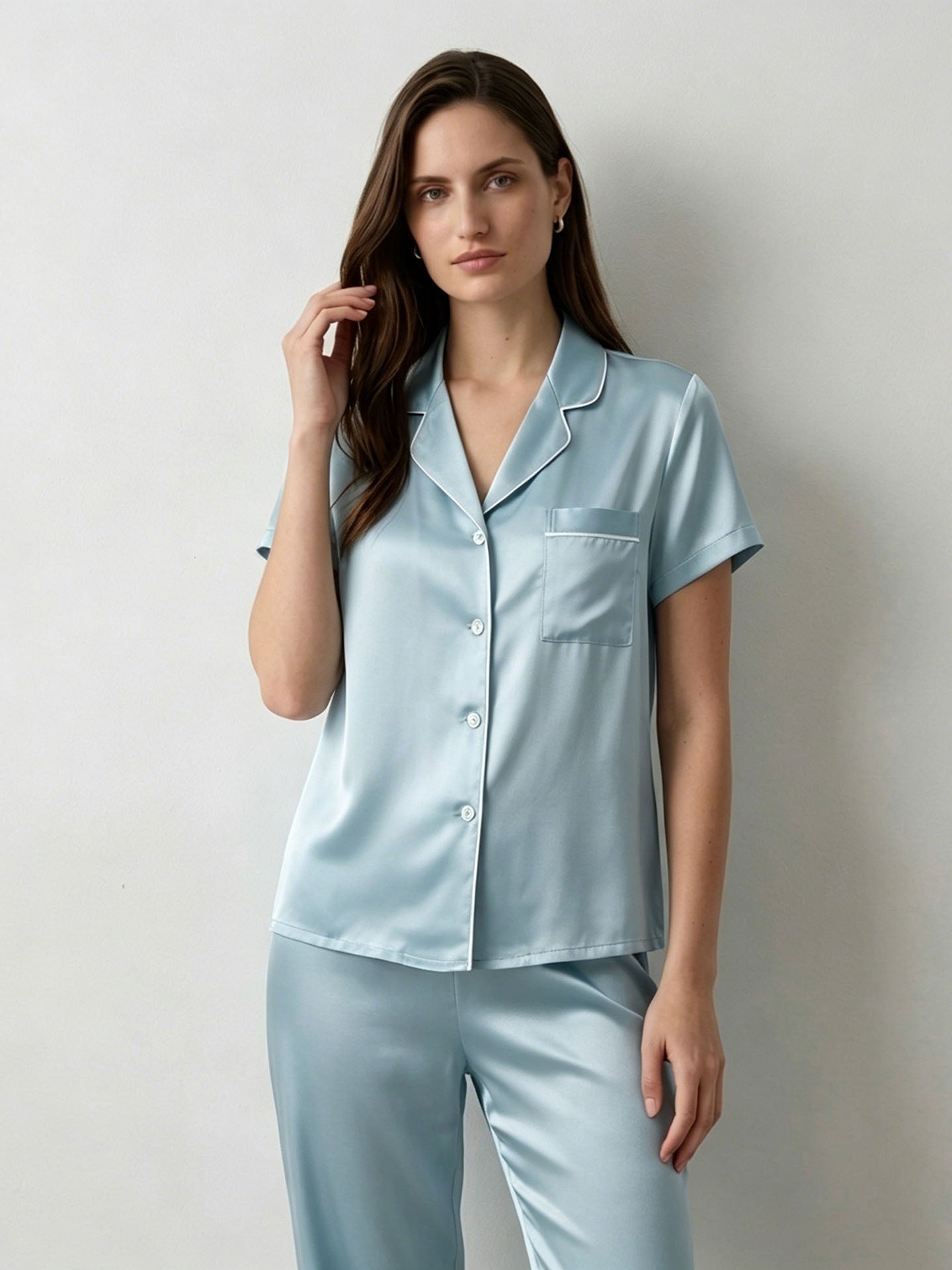 Silk Short-sleeved Trousers Suit #color_Mint Green