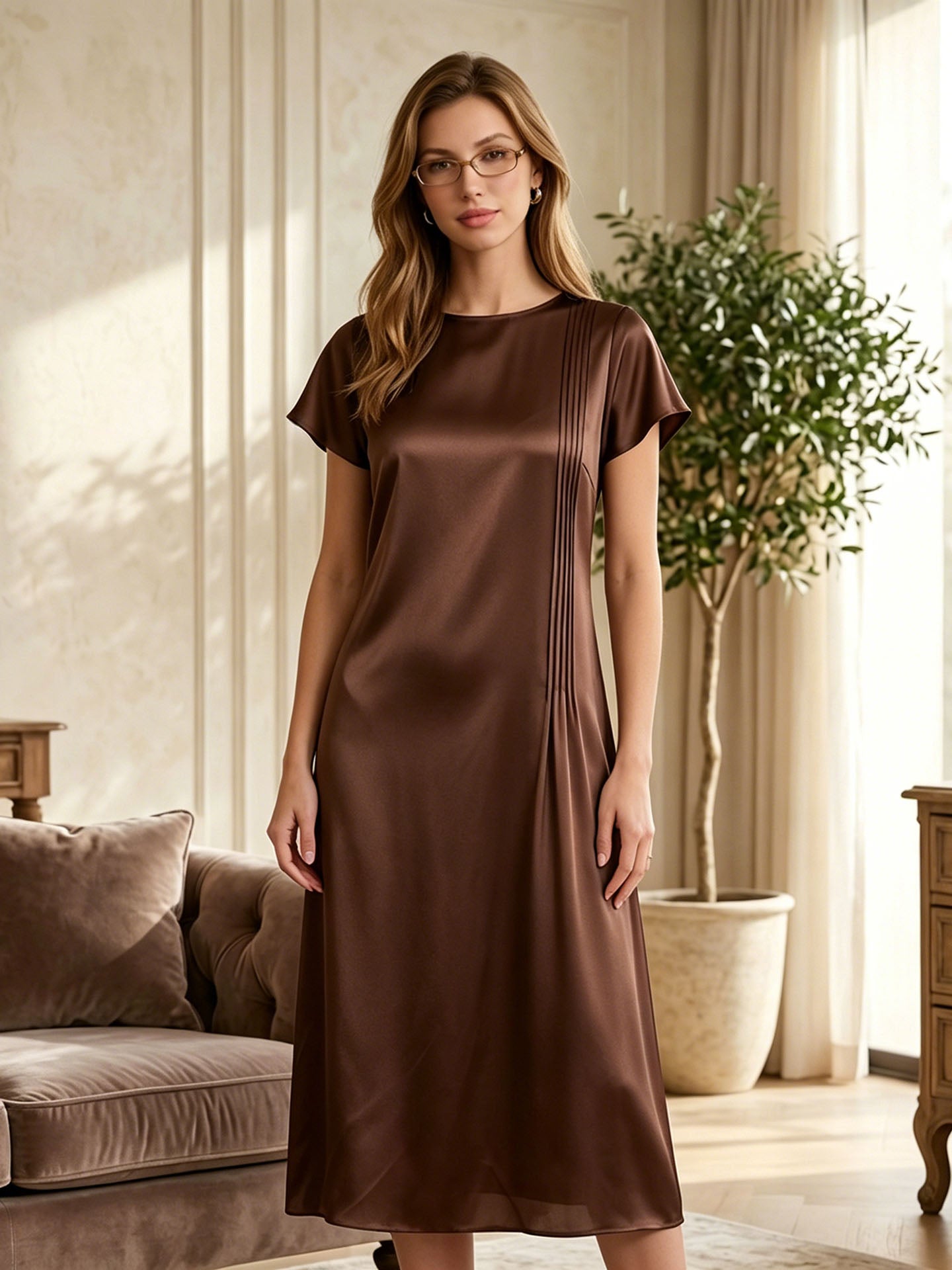 Pleated Stretch Silk Midi Dress#color_Chocolate