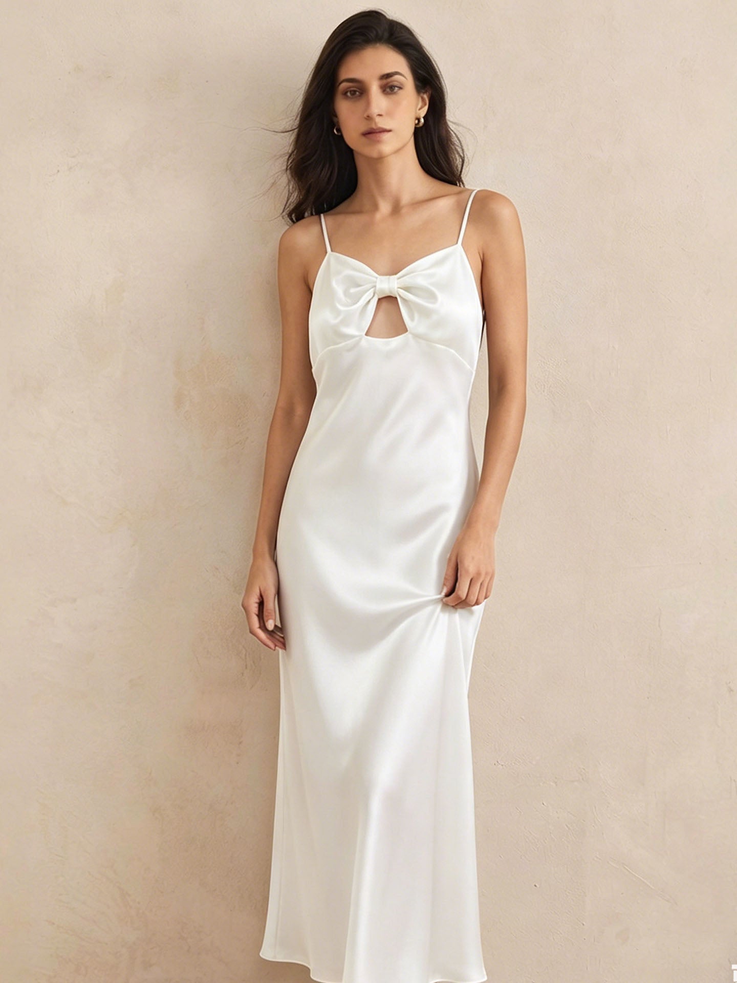 Simple Bow-Knot Spaghetti Strap Long Dress #color_White