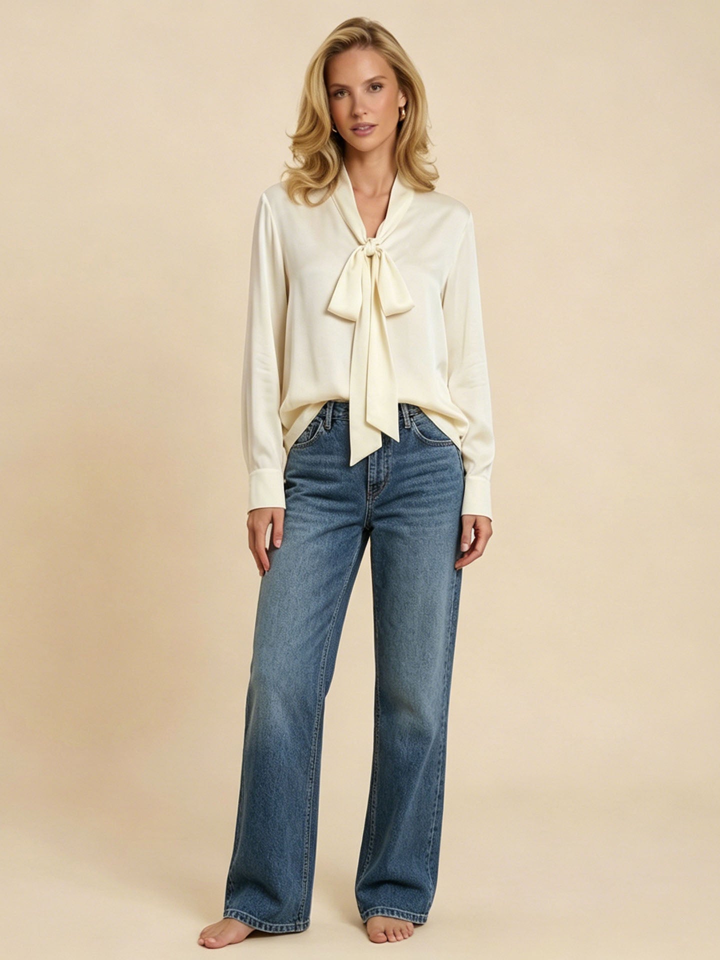 Premium Mulberry Silk Pussy-Bow Blouse #color_Ivory White