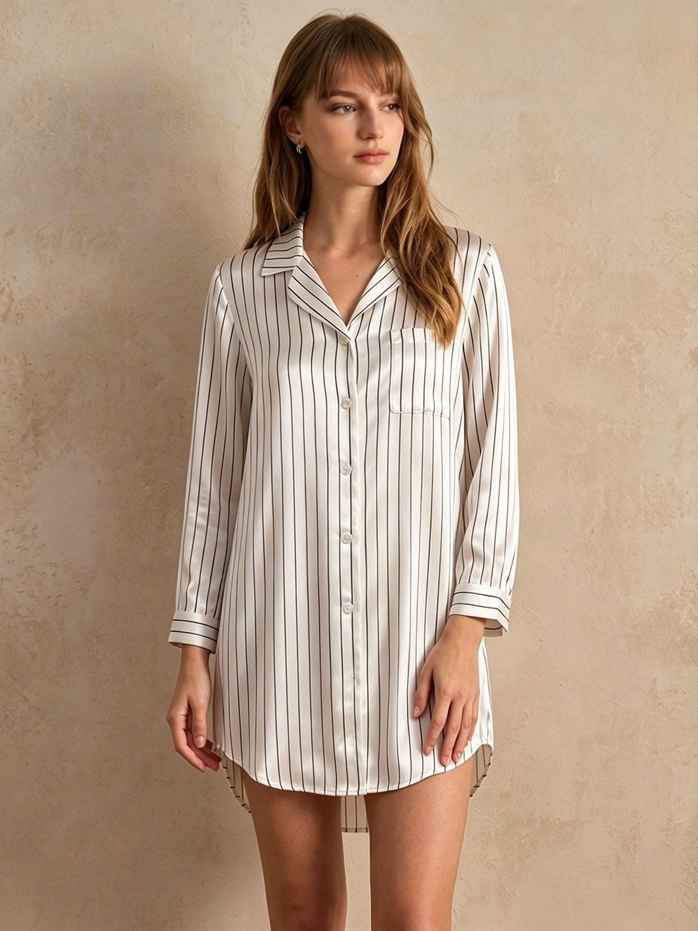 Striped Print Shirt Dress #color_White