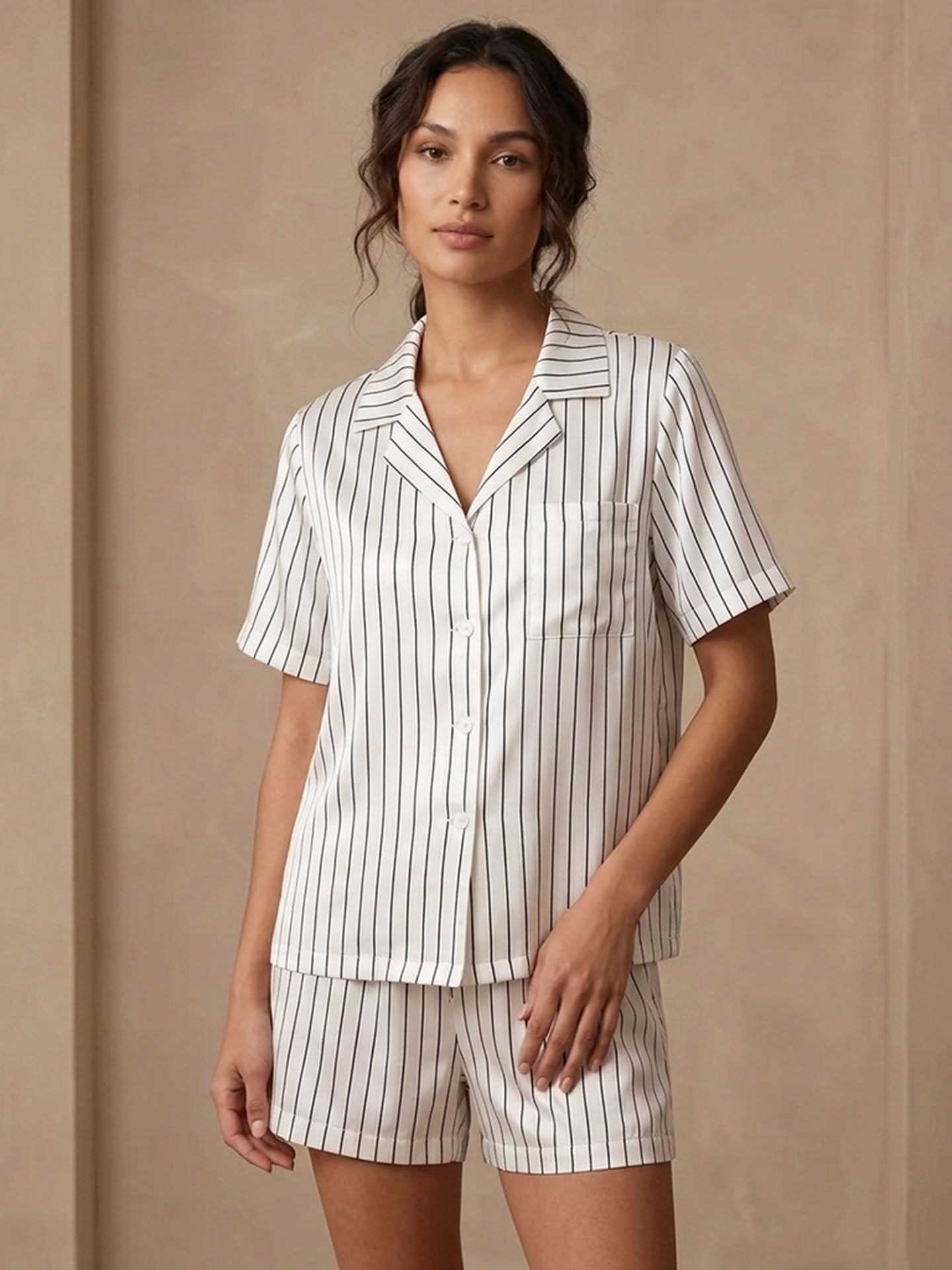 Striped Print Short-sleeved Shorts Set #color_White