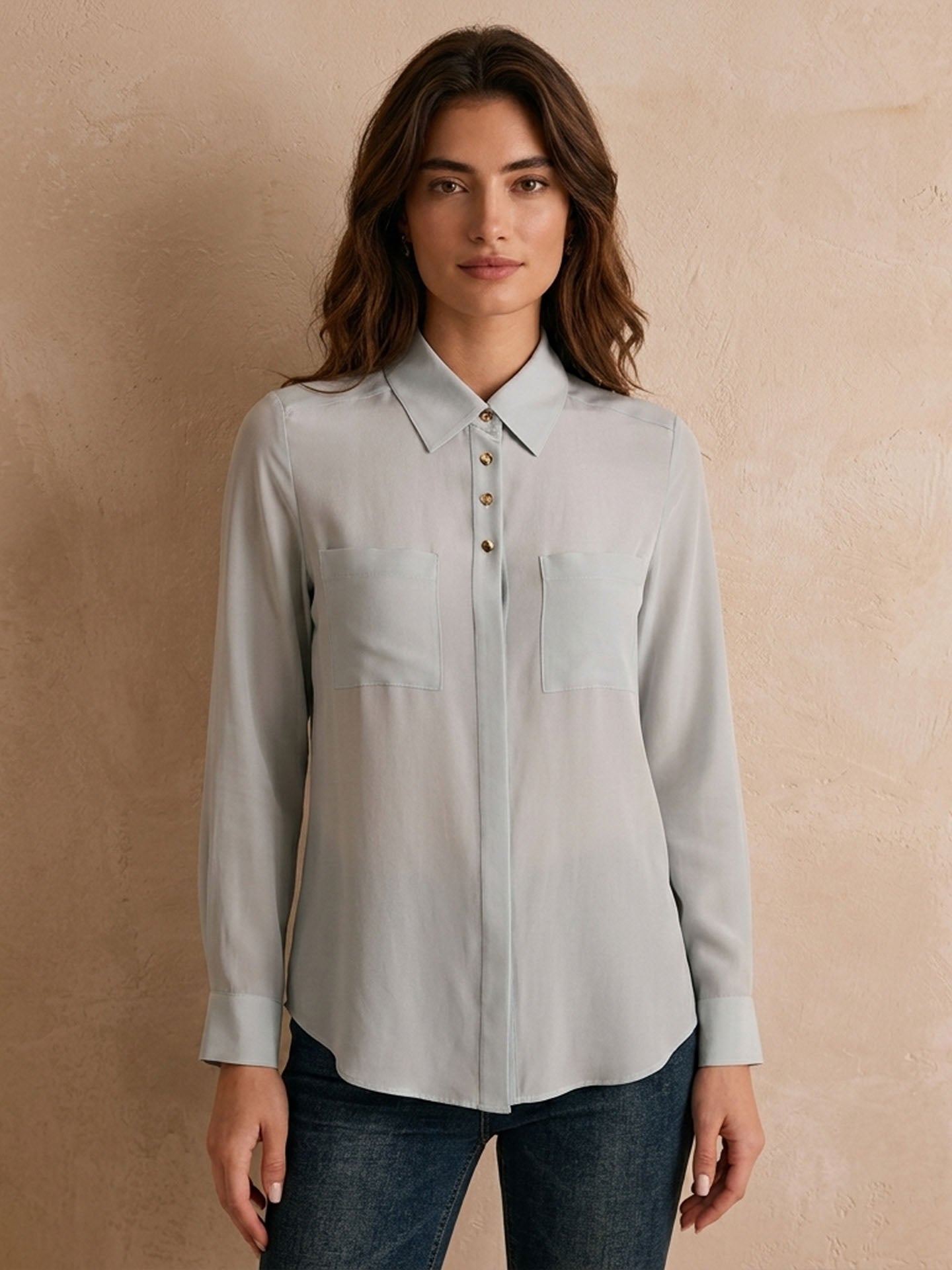 Simple silk crepe de chine shirt with concealed buttons #color_Baby Blue
