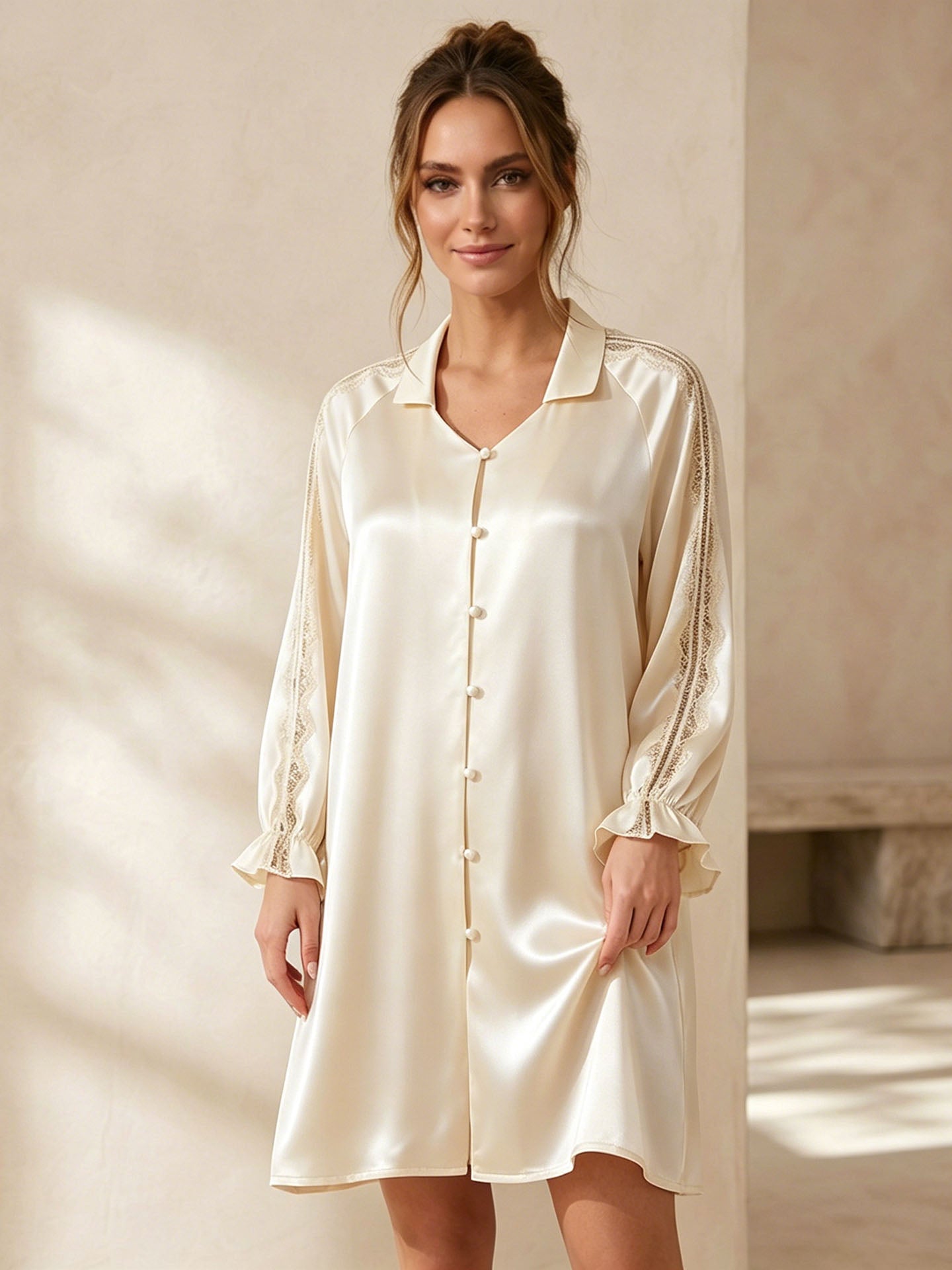 Lace Panel Raglan Sleeve Nightdress #color_Light Lemon Yellow