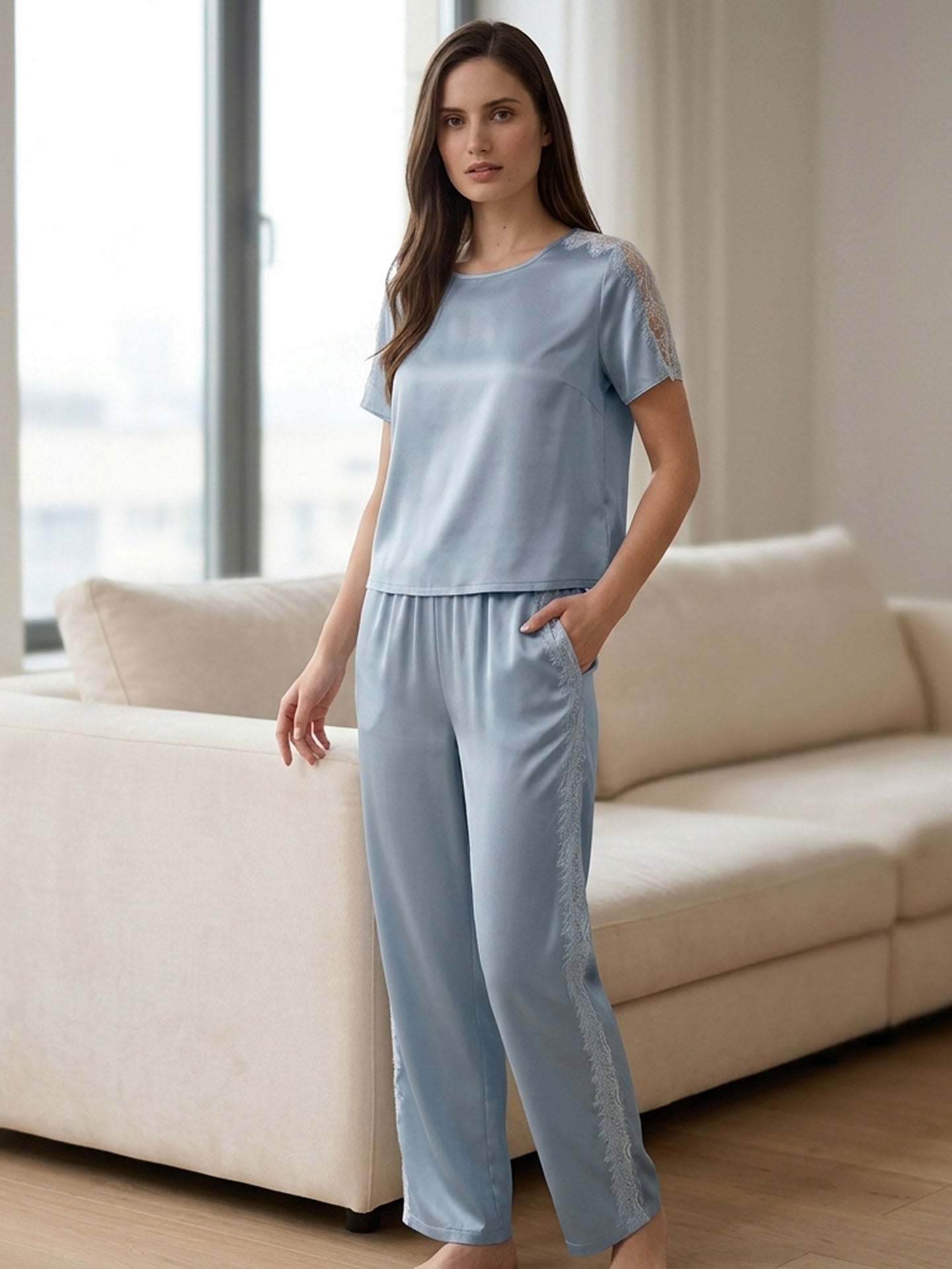 Lace Patchwork Short-sleeved Trousers Suit #color Baby Blue