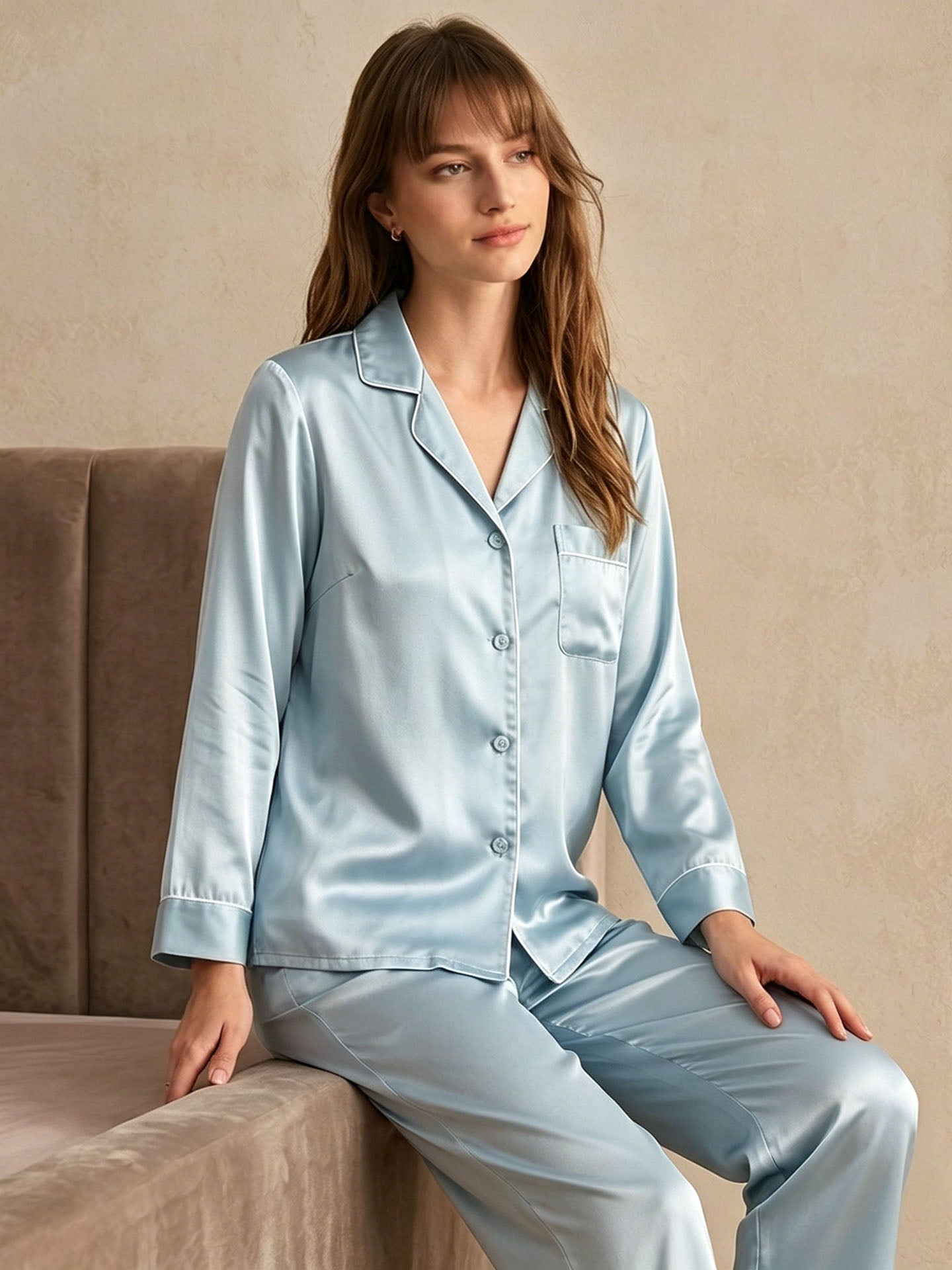 19 Momme Classic Silk Long Sleeve Long Pants Pajama Set#color_Mint Green