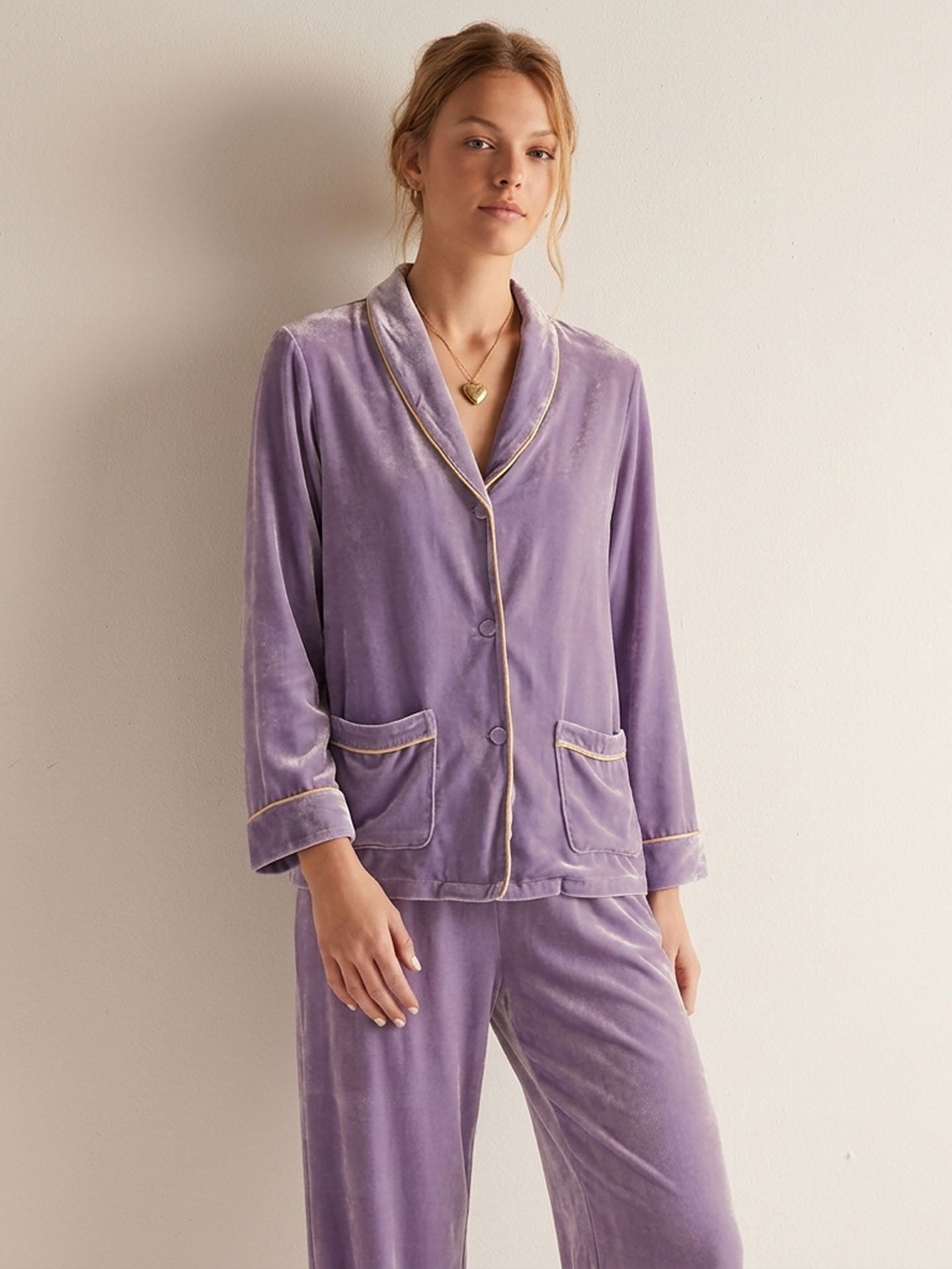 Velvet Shawl Collar Long Sleeve Trousers Suit#color_Lilac