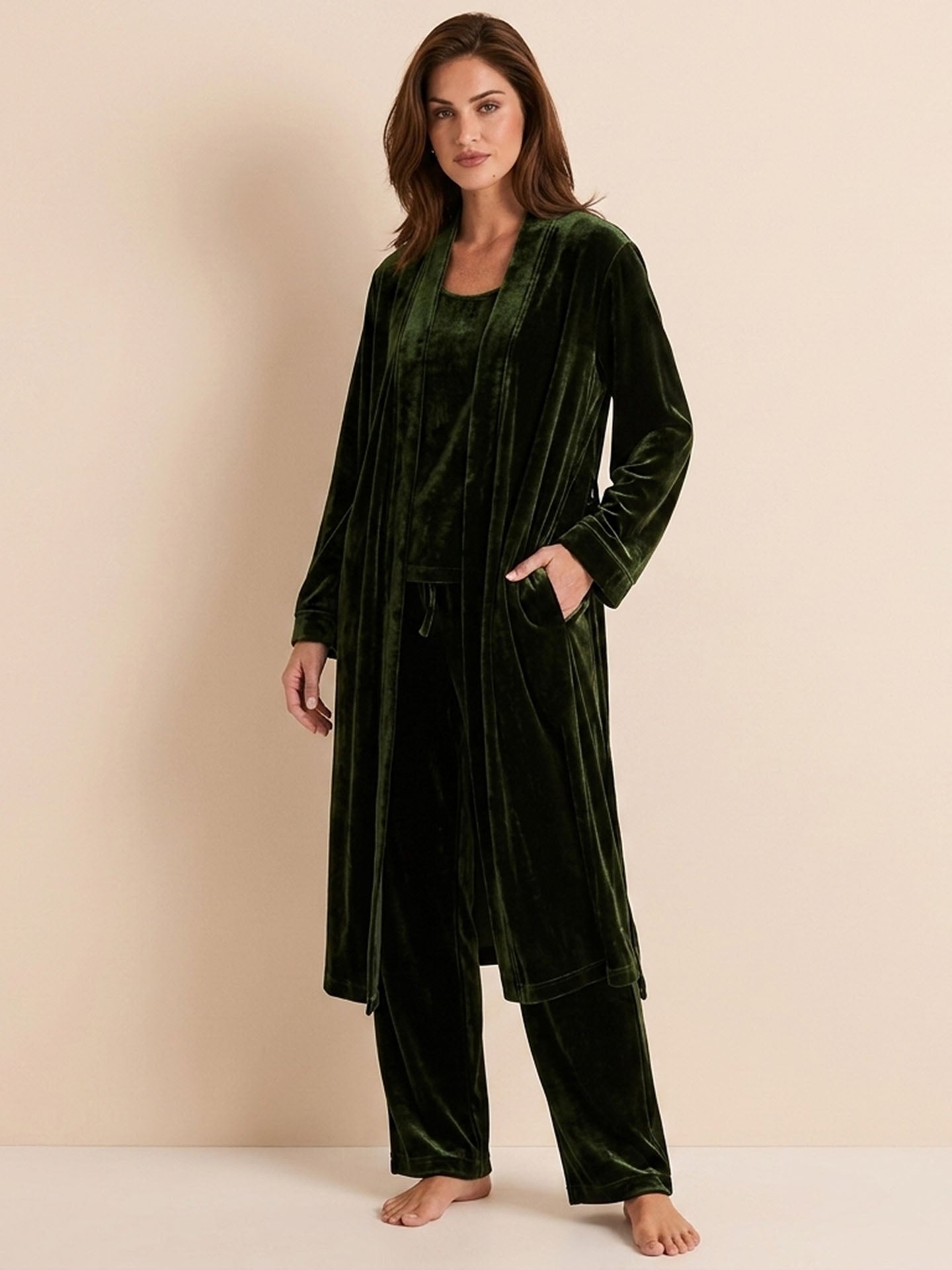 Velvet Suspender Trousers Set With Robe 3PCS #color_Dark Green