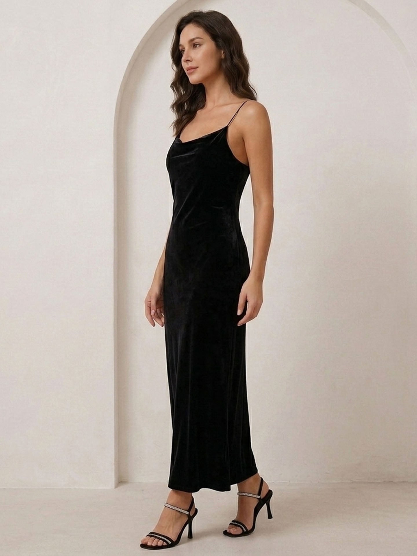 Minimalist Mulberry Silk Velvet Maxi Slip Dress #color_Black