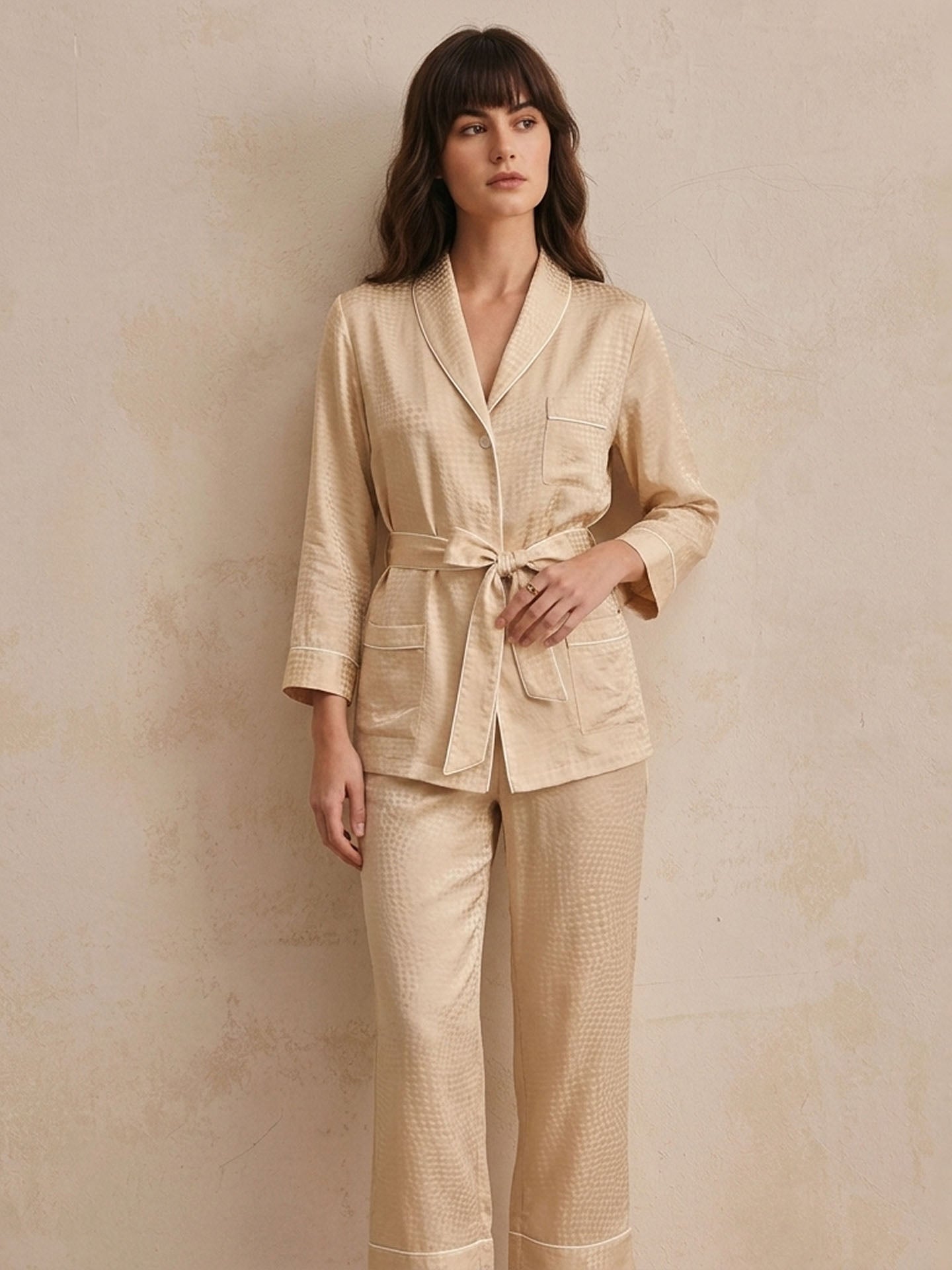 Houndstooth Jacquard Long Sleeve Pants Set #color_Light Gold