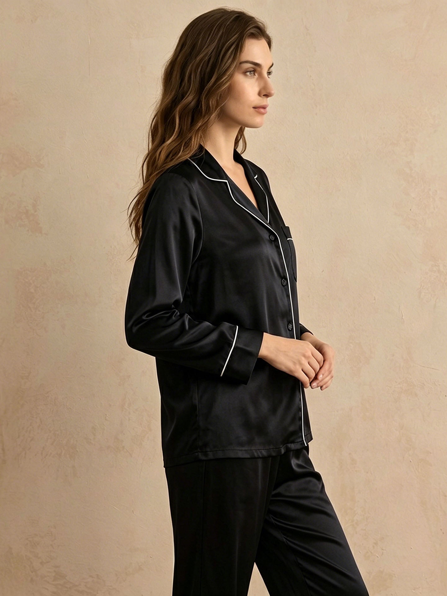 Classic Silk Long Sleeve Long Pants Pajama Set #color_Black