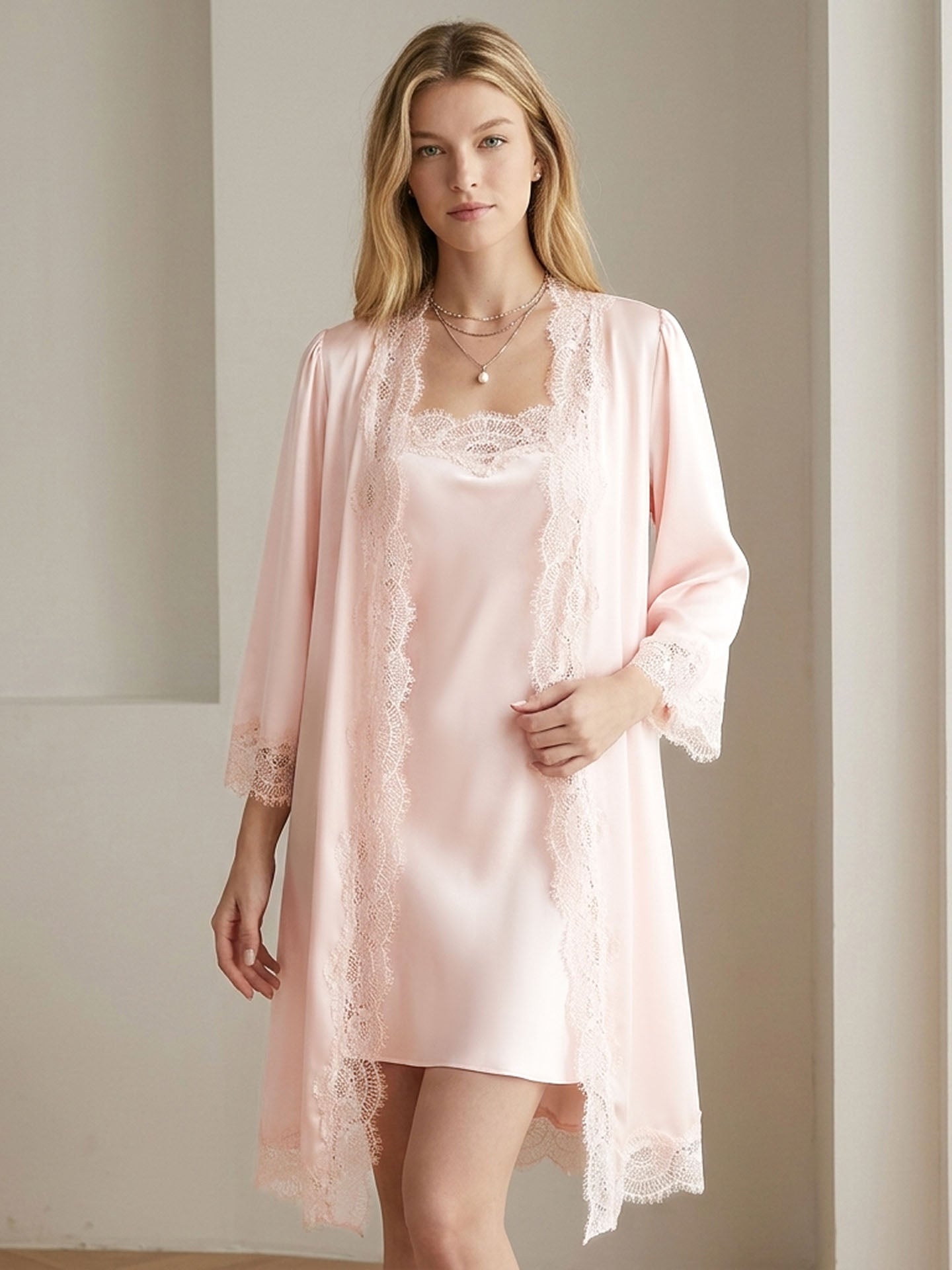 Romantic Lace Suspender Nightgown Set 2PCS#color_Blush Pink