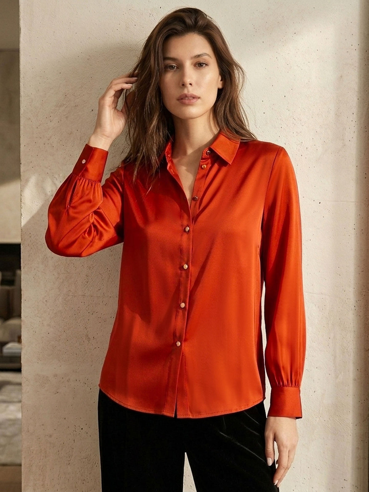 Stretch silk double joe shirt#color_Rust