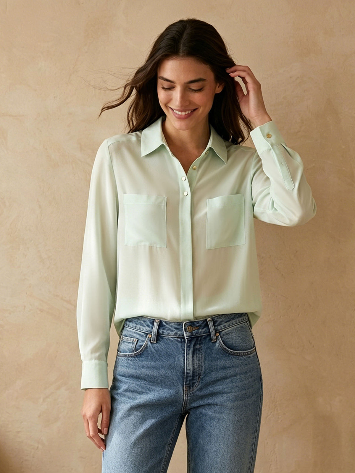 Simple silk crepe de chine shirt with concealed buttons #color_Mint Green