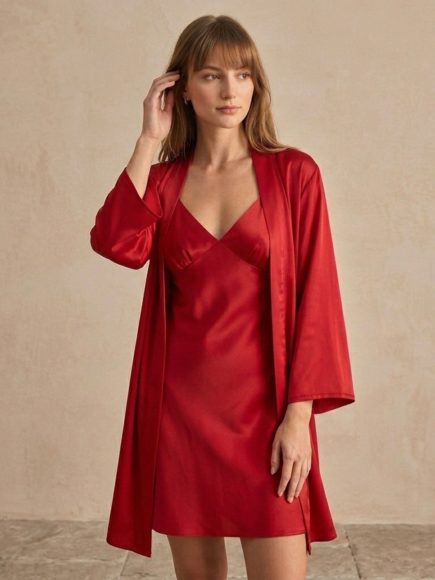 Pleated Suspender Robe Set 2Pcs #color_Red