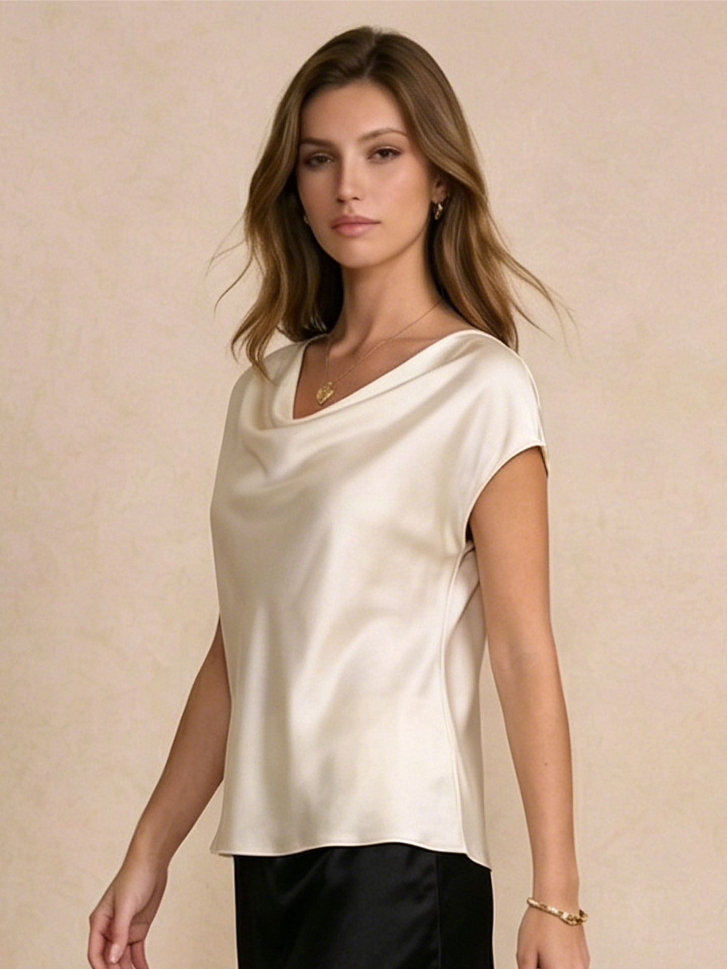 Silk Cowl Neck Cap-Sleeve Top#color_Ivory White