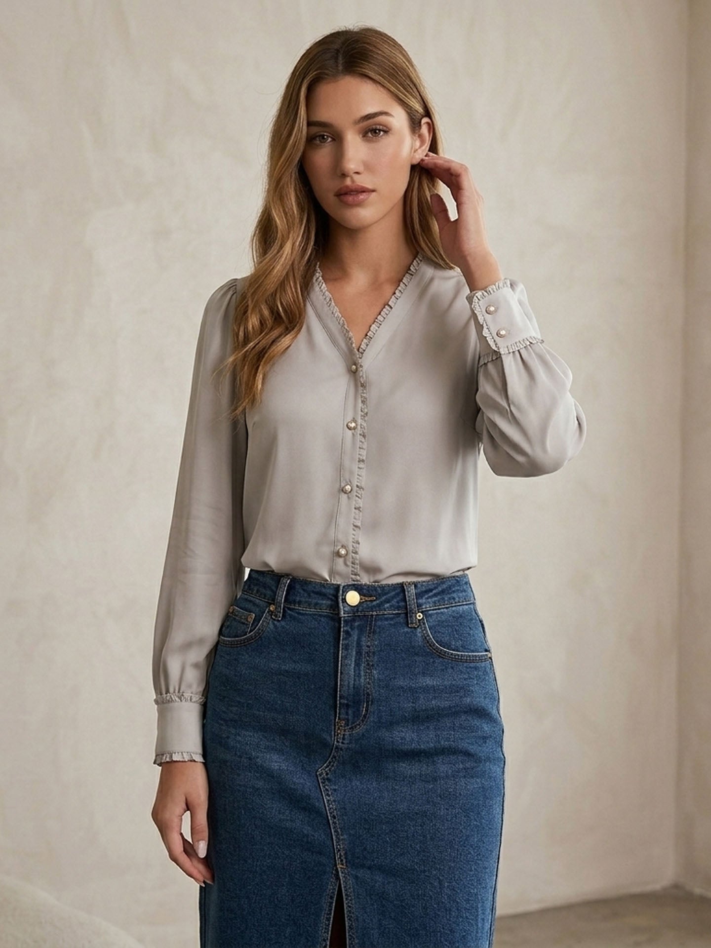 Lace-trimmed crepe de chine silk shirt #color_Grey
