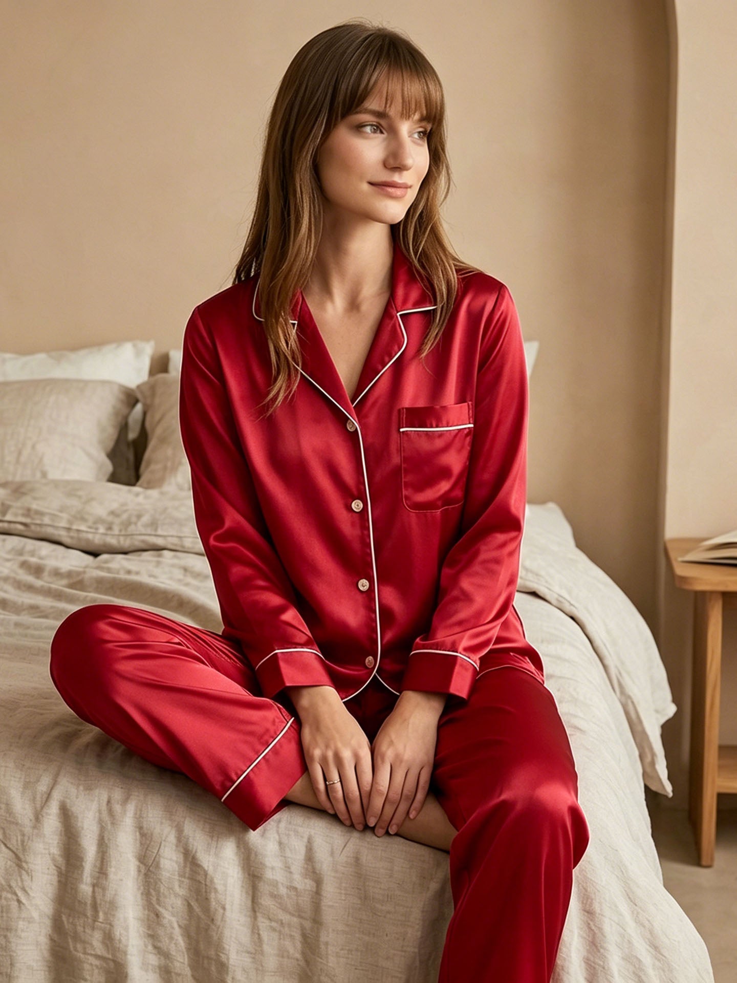 19 Momme Classic Silk Long Sleeve Long Pants Pajama Set#color_Red