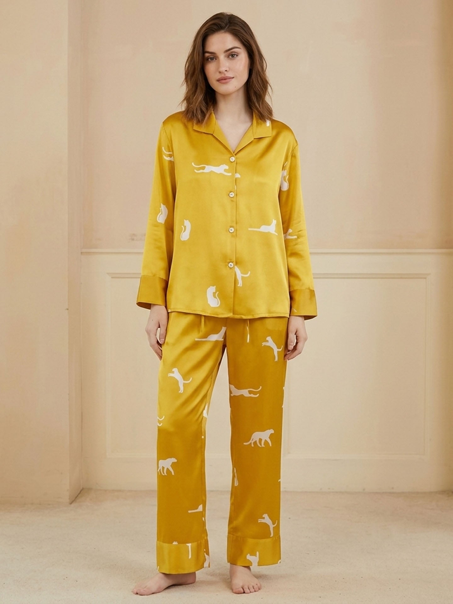 Leopard Print Long Sleeve Trousers Suit #color_Turmeric
