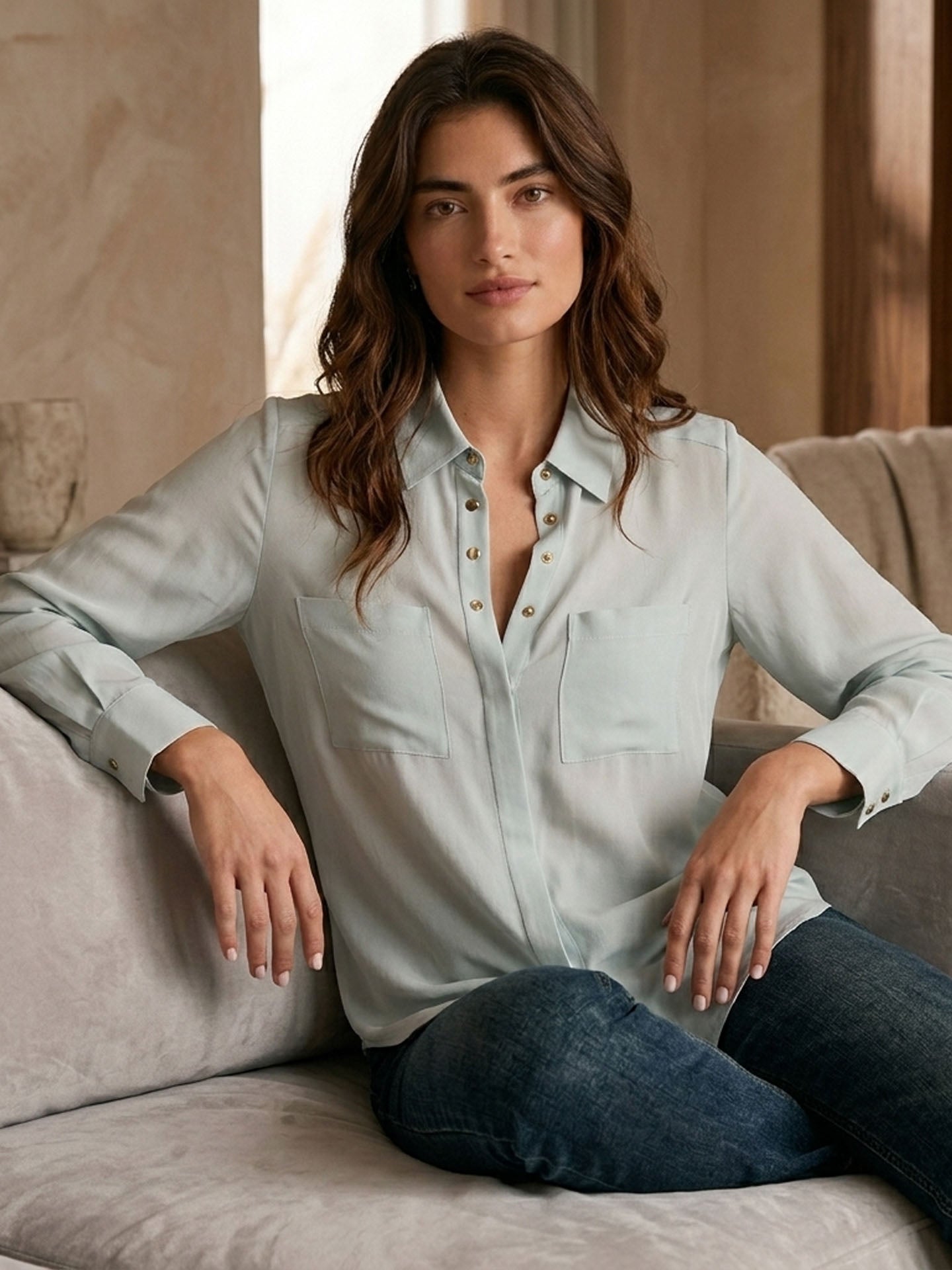 Simple silk crepe de chine shirt with concealed buttons #color_Baby Blue