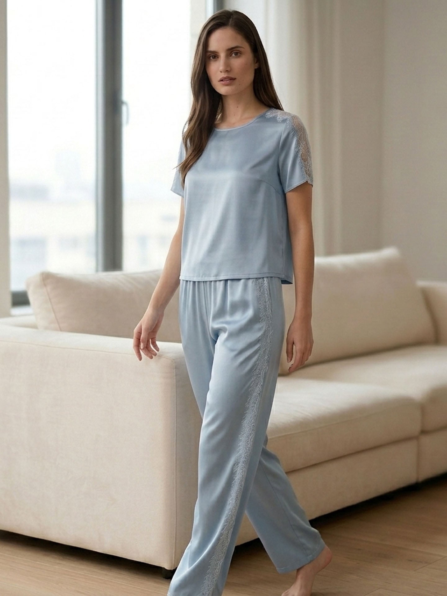 Lace Patchwork Short-sleeved Trousers Suit #color Baby Blue