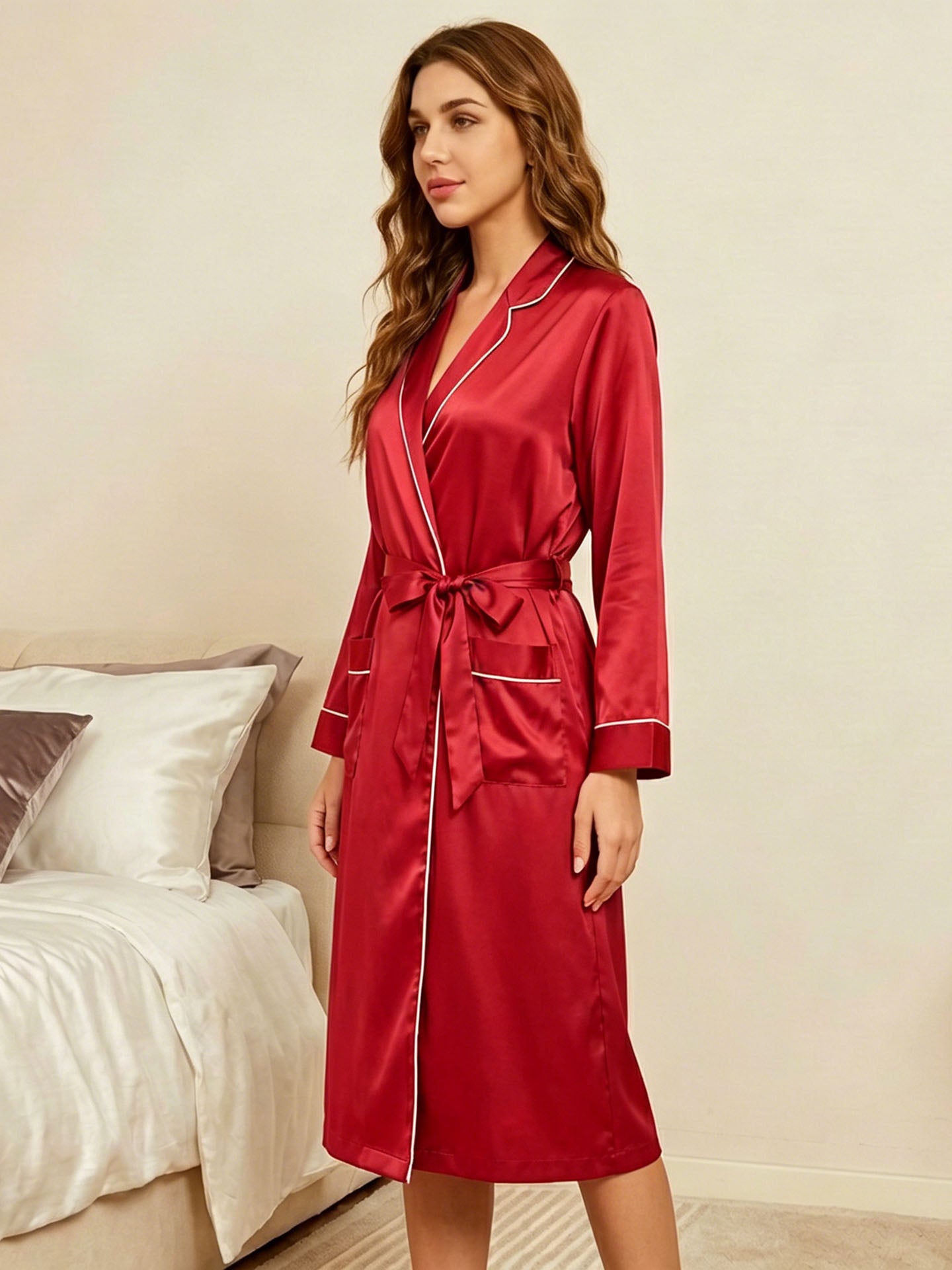 Silk Contrast Trim Long Robe#color_Red