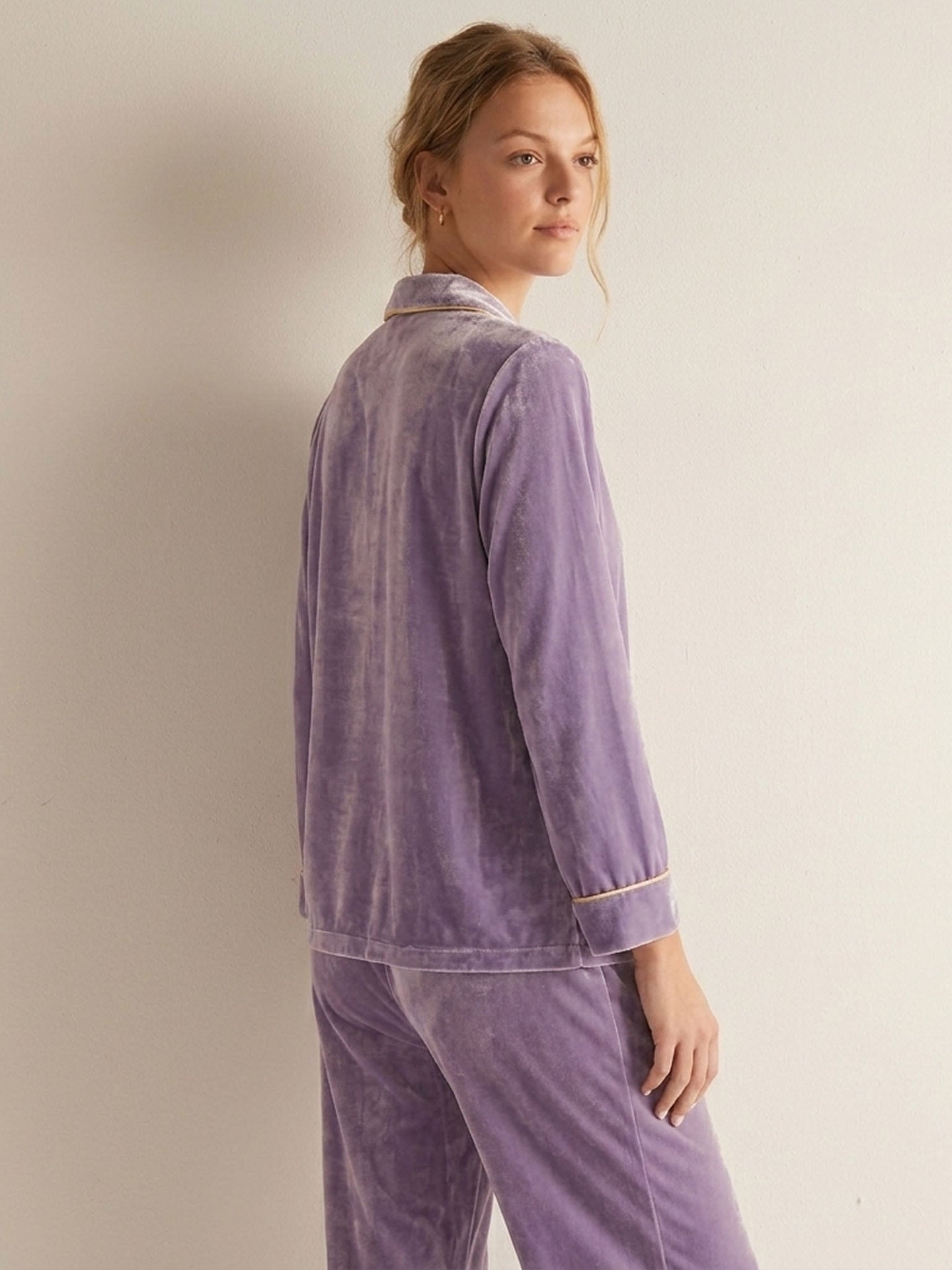 Velvet Shawl Collar Long Sleeve Trousers Suit#color_Lilac