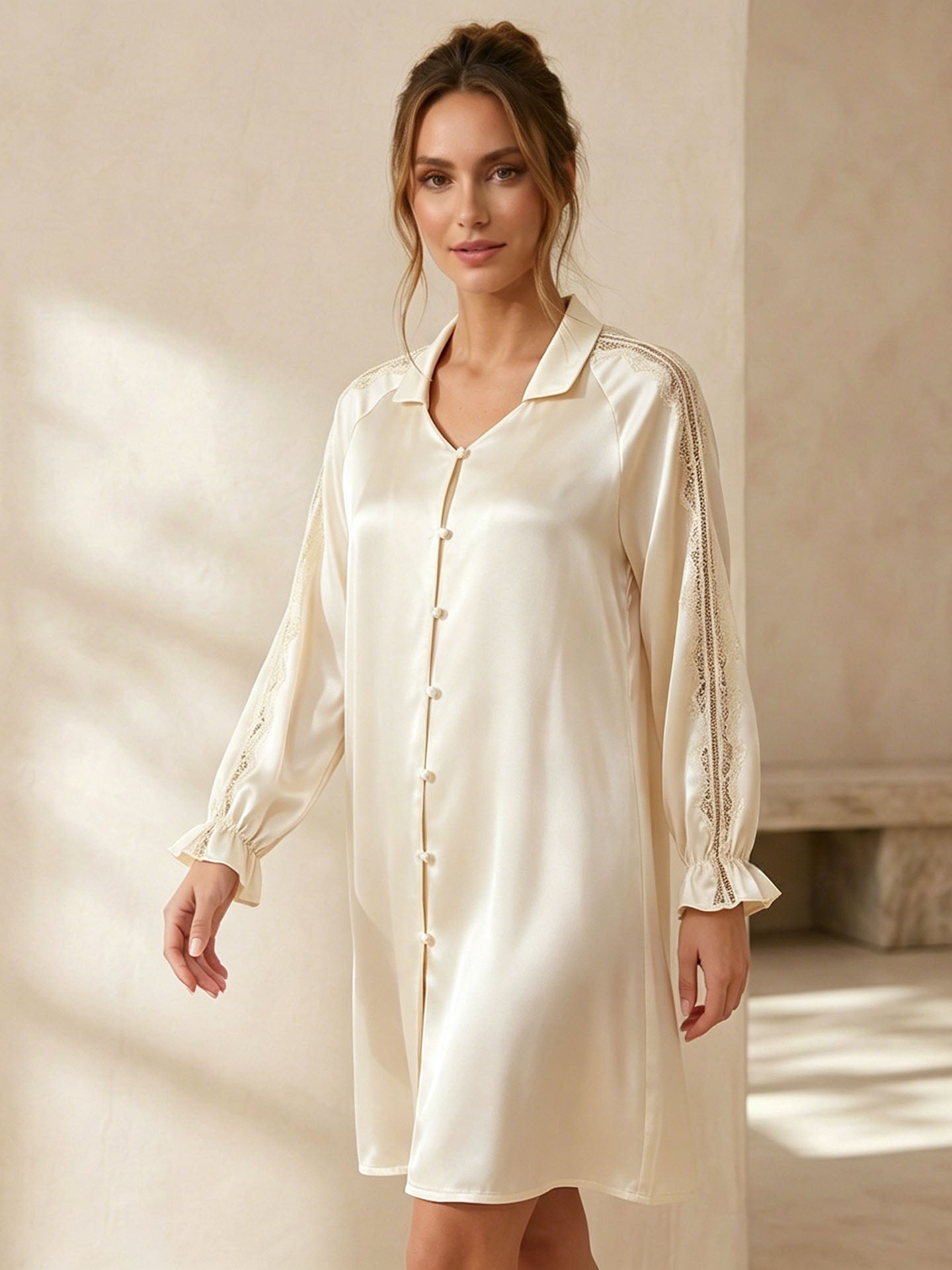 Lace Panel Raglan Sleeve Nightdress #color_Light Lemon Yellow