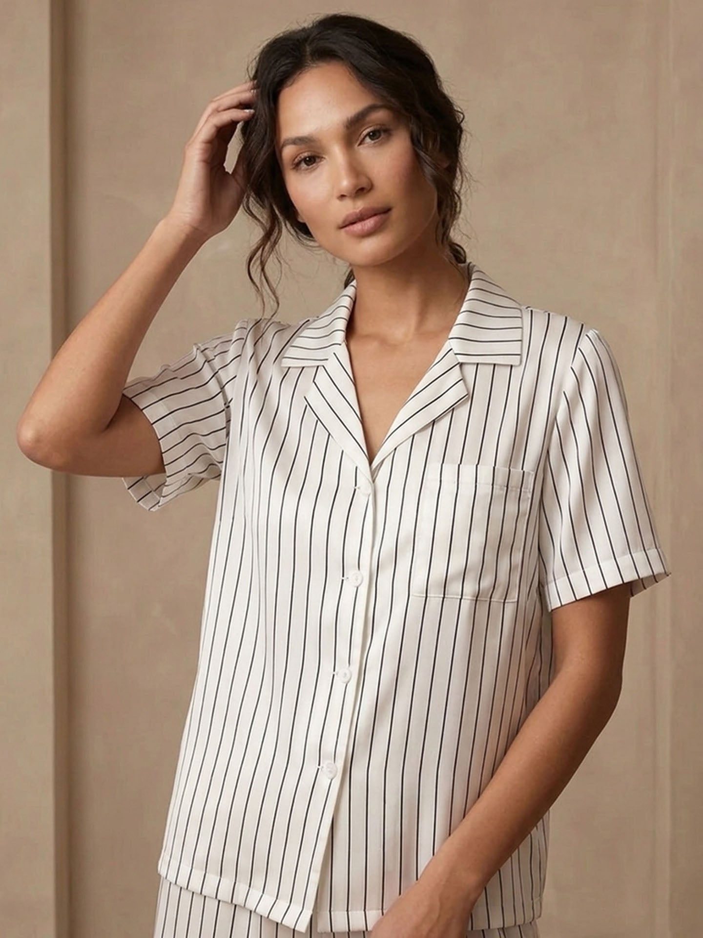 Striped Print Short-sleeved Shorts Set #color_White