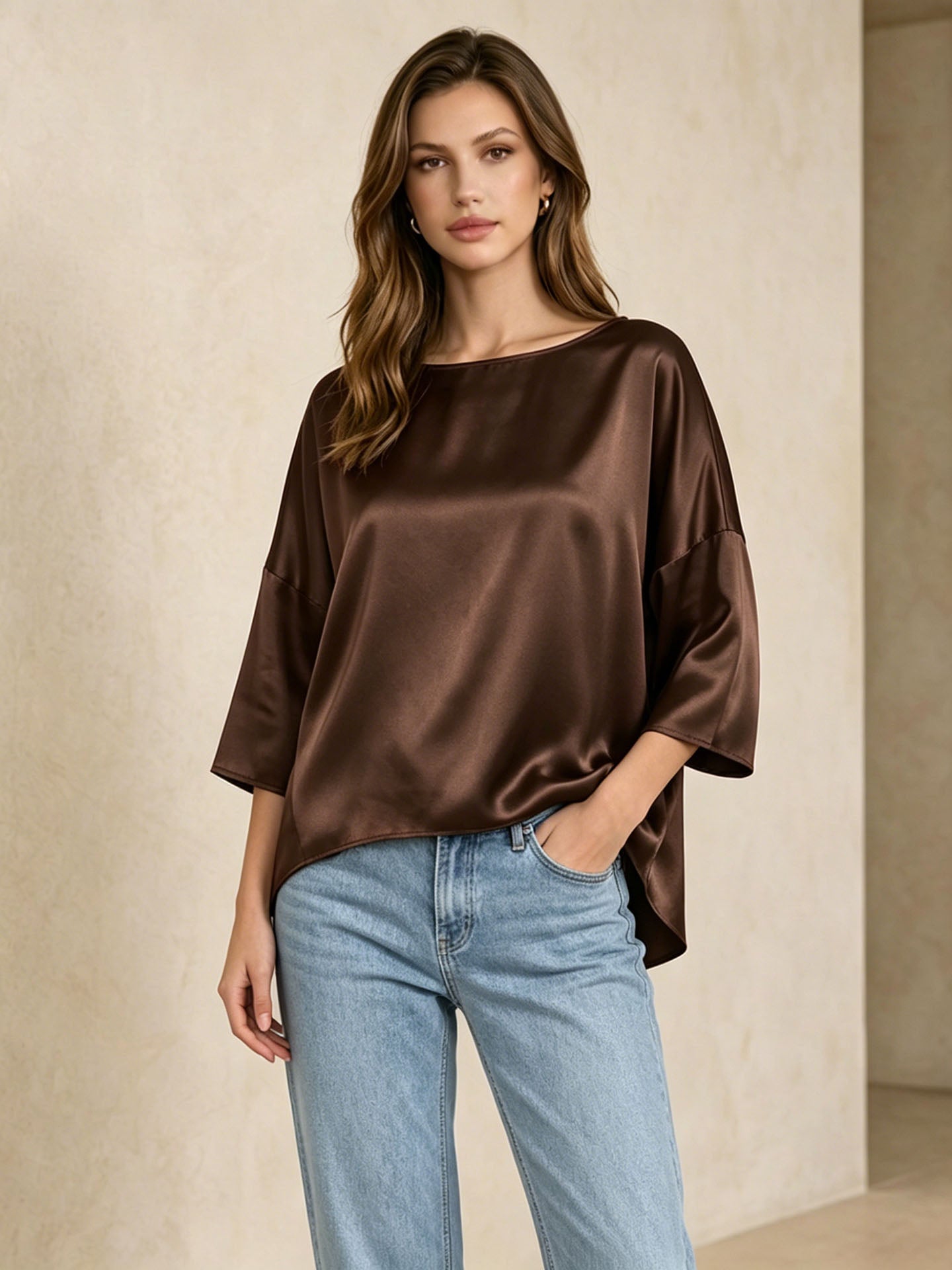 Oversized Boat Neck Silk Blouse#color_Chocolate