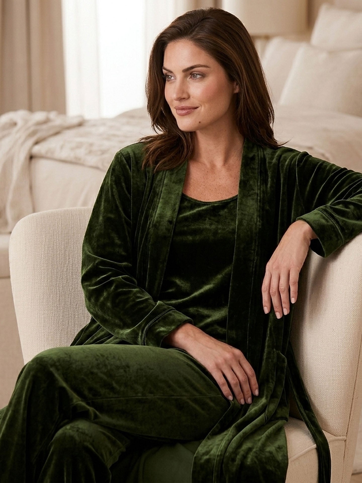 Velvet Suspender Trousers Set With Robe 3PCS #color_Dark Green