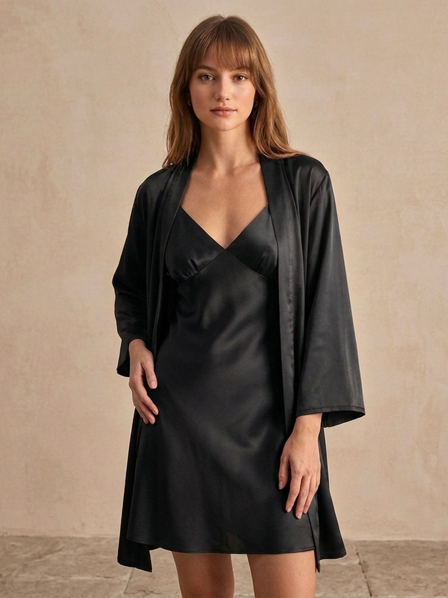 Pleated Suspender Robe Set 2Pcs #color_Black