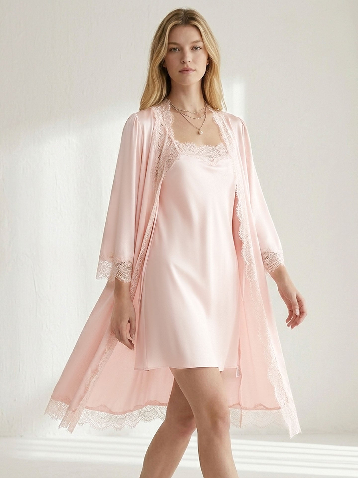Romantic Lace Suspender Nightgown Set 2PCS#color_Blush Pink