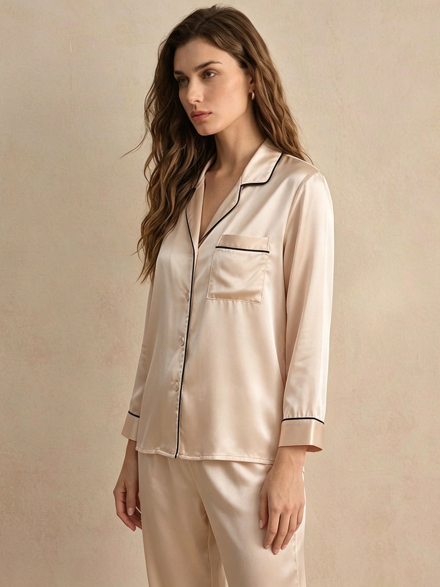 Classic Silk Long Sleeve Long Pants Pajama Set #color_Blush Beige
