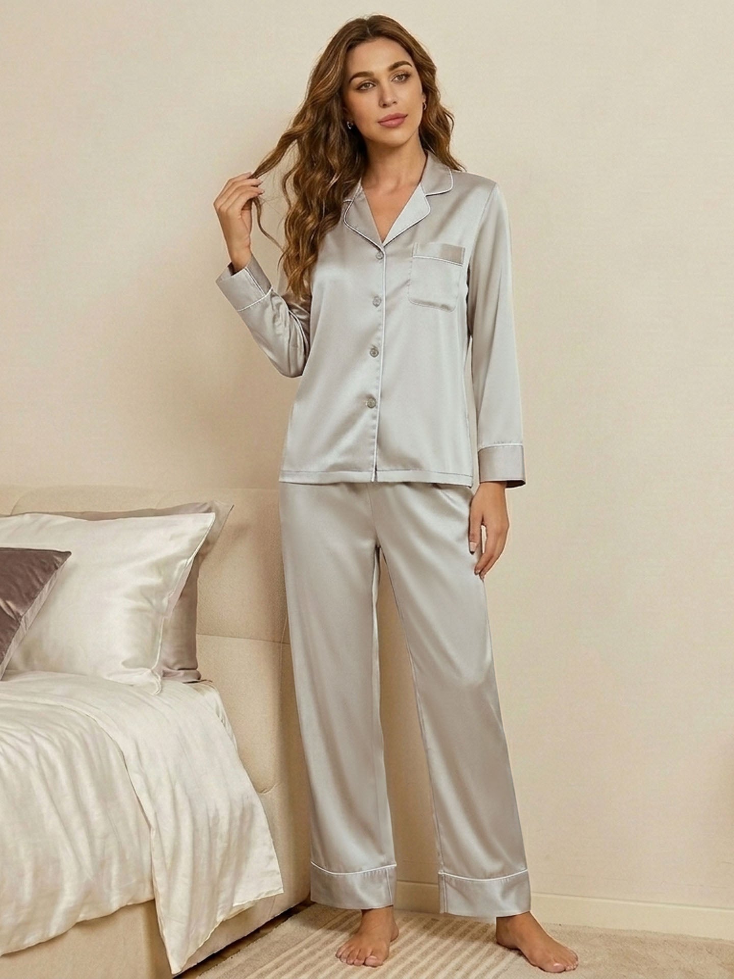 22 Momme Fashionable Long-sleeved and Long-pants Silk Suit #color_Grey