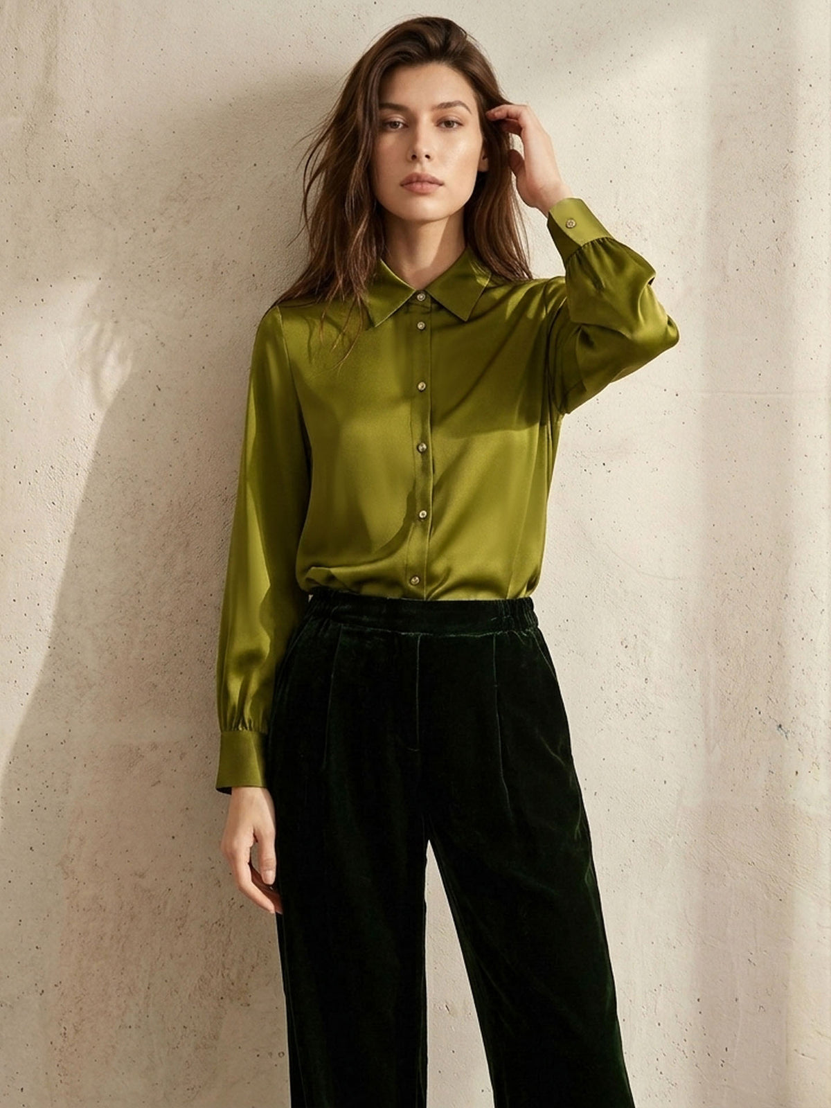 Stretch silk double joe shirt#color_Dark Olive