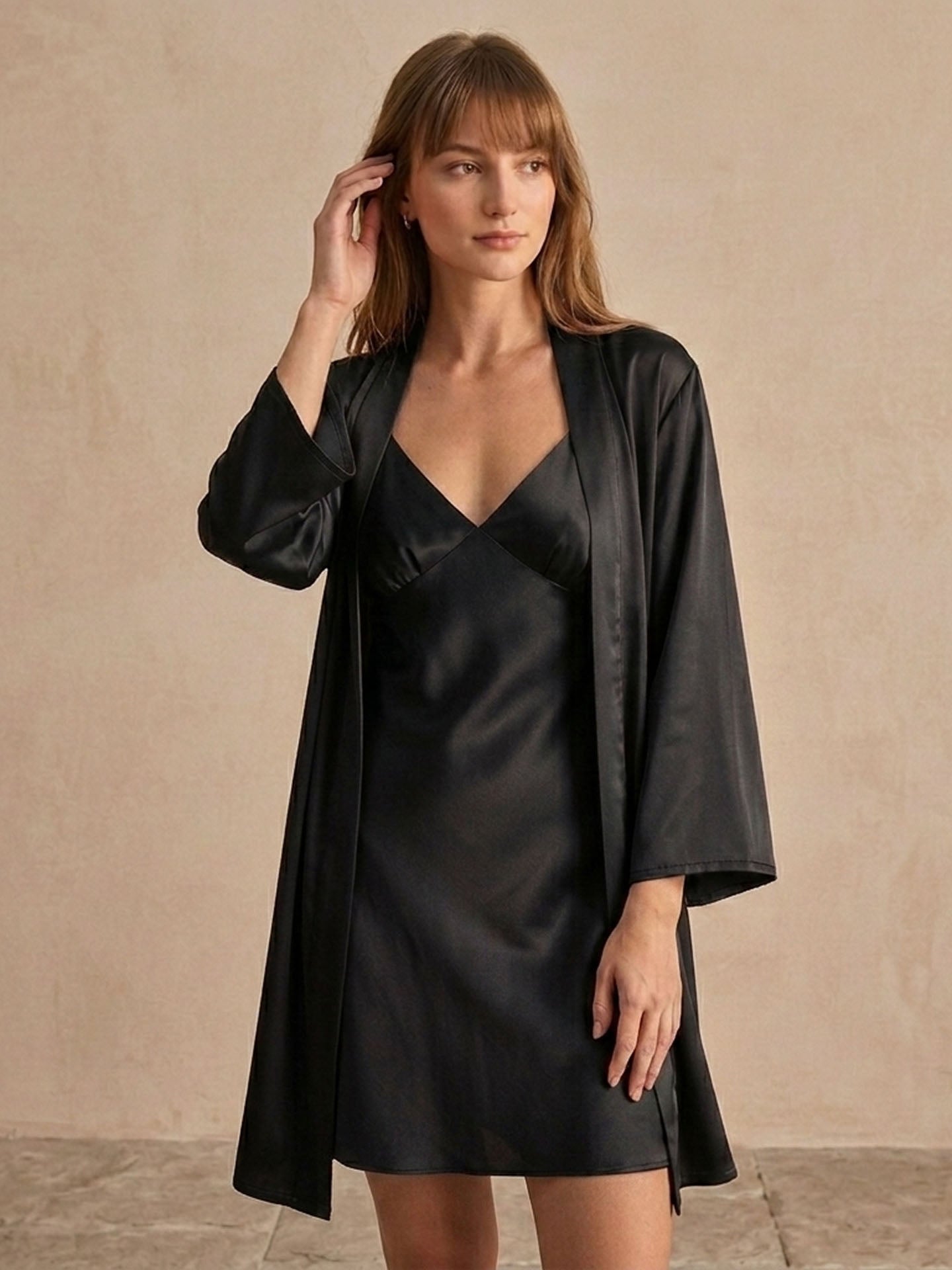 Pleated Suspender Robe Set 2Pcs #color_Black