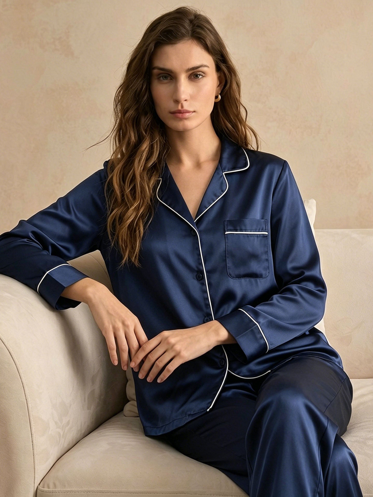 Classic Silk Long Sleeve Long Pants Pajama Set #color_Navy