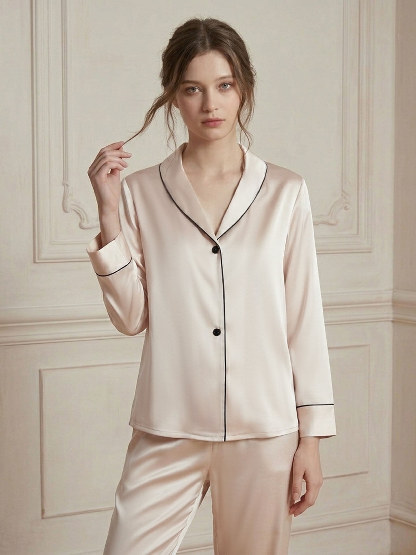 Shawl Collar Long Sleeve Long Pants Silk Suit #color_Blush Beige