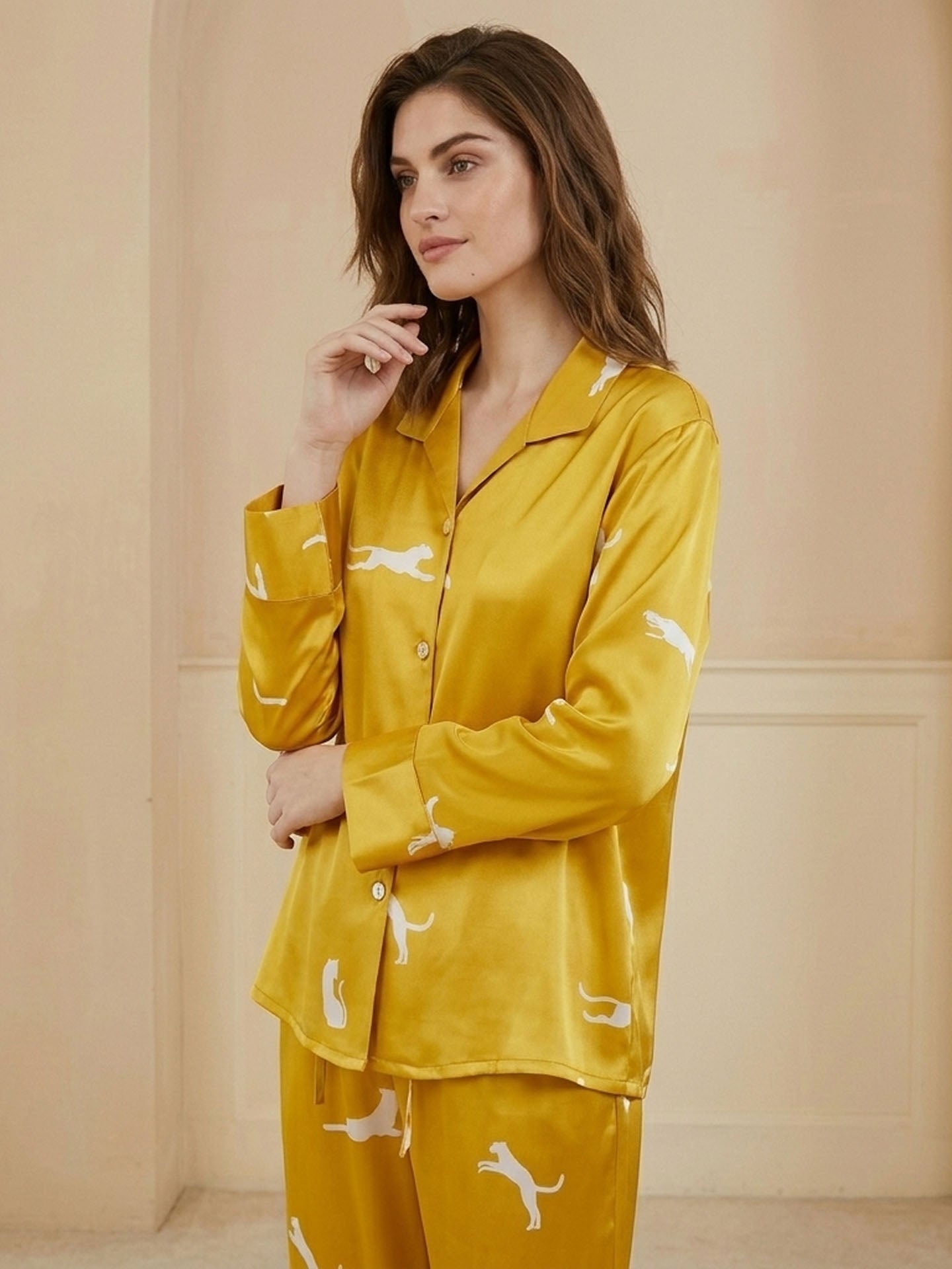 Leopard Print Long Sleeve Trousers Suit #color_Turmeric