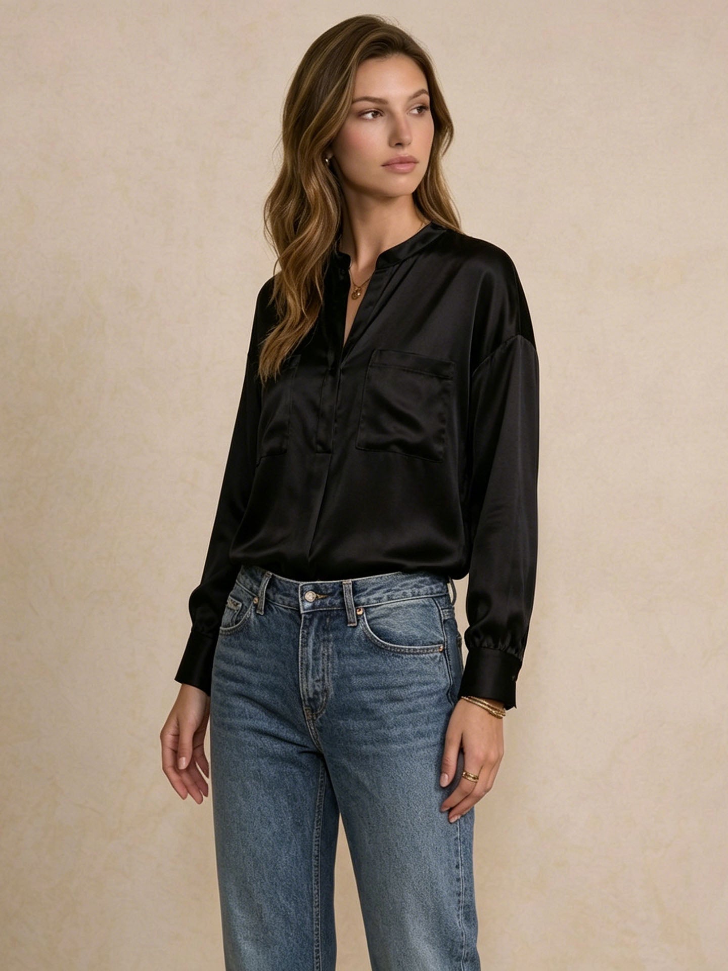 Luxe Deep V-Neck Mulberry Silk Long Sleeve Blouse#color_Black