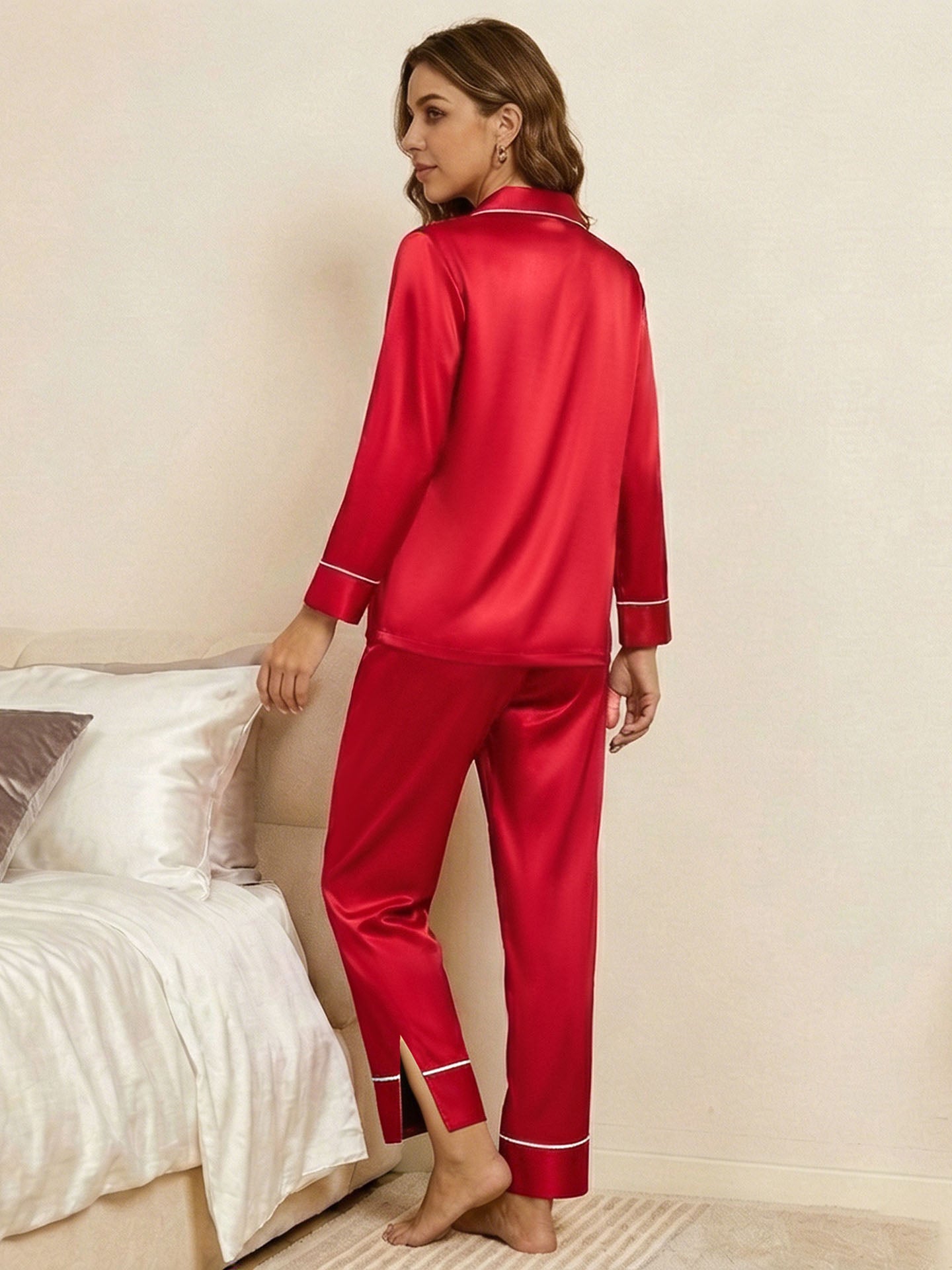 Double-band Silk Long-sleeved Trousers Suit #color_Red