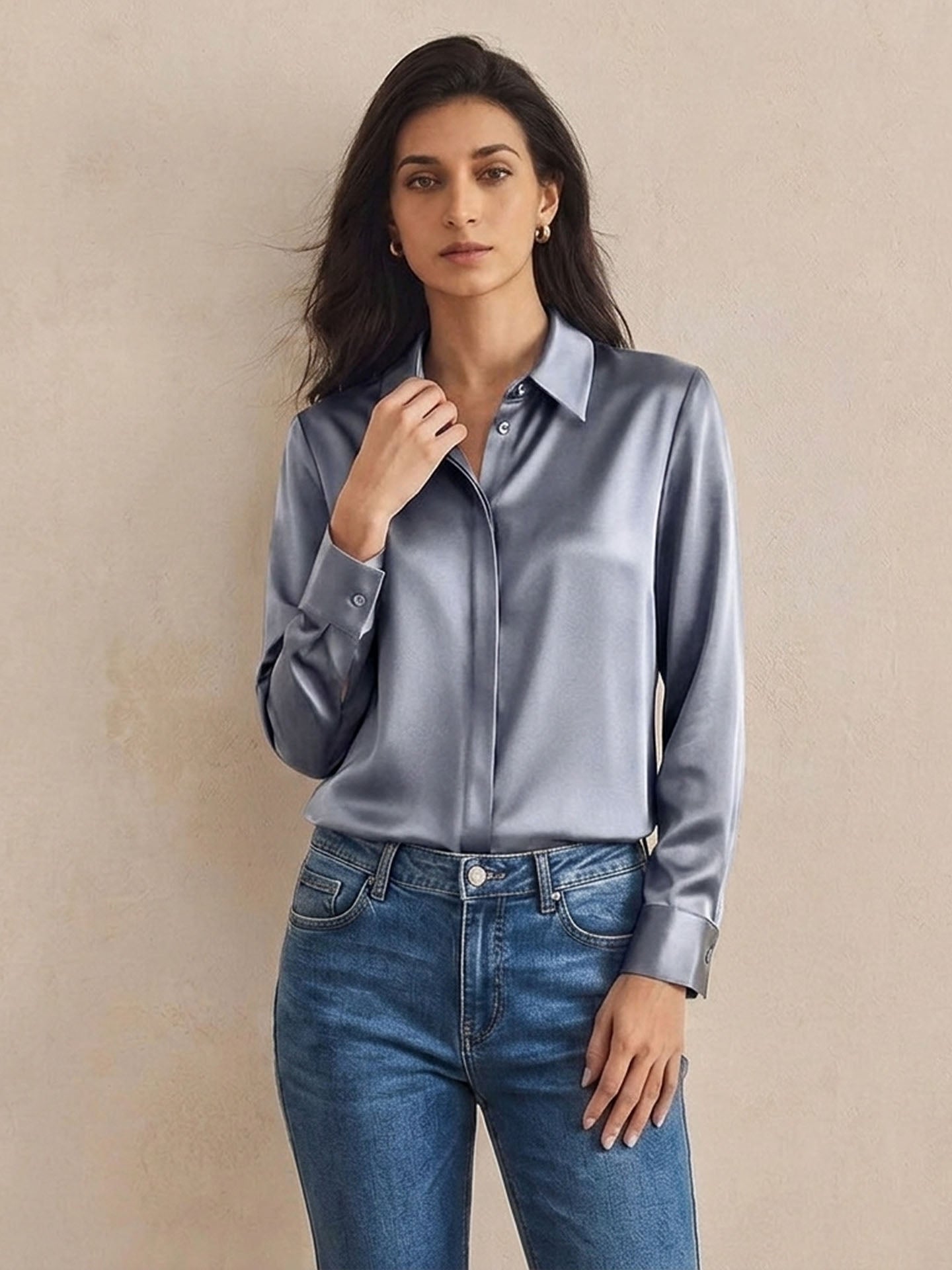 Versatile Elegance Stretch Silk Blouse#color Blue Grey