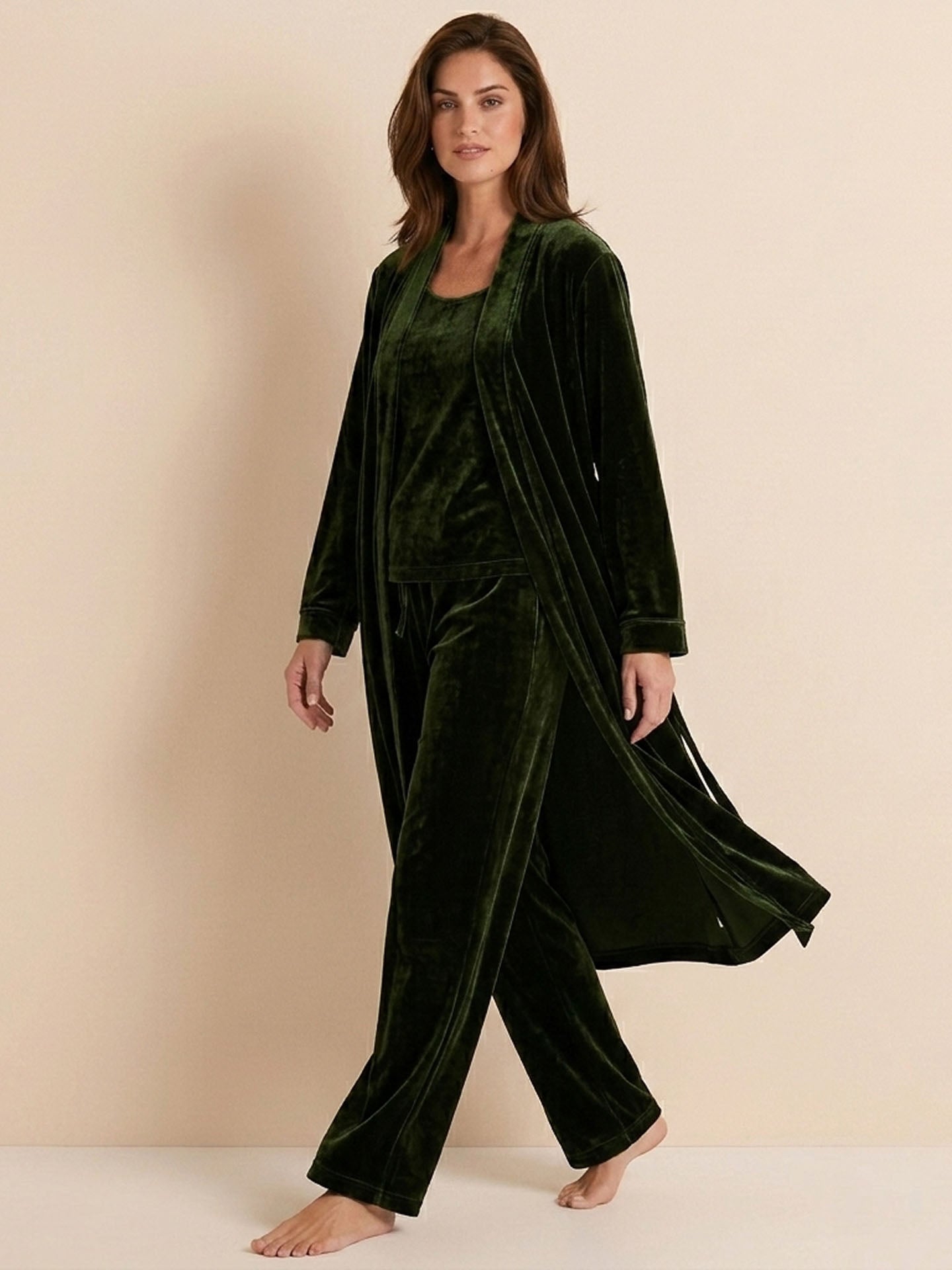 Velvet Suspender Trousers Set With Robe 3PCS #color_Dark Green