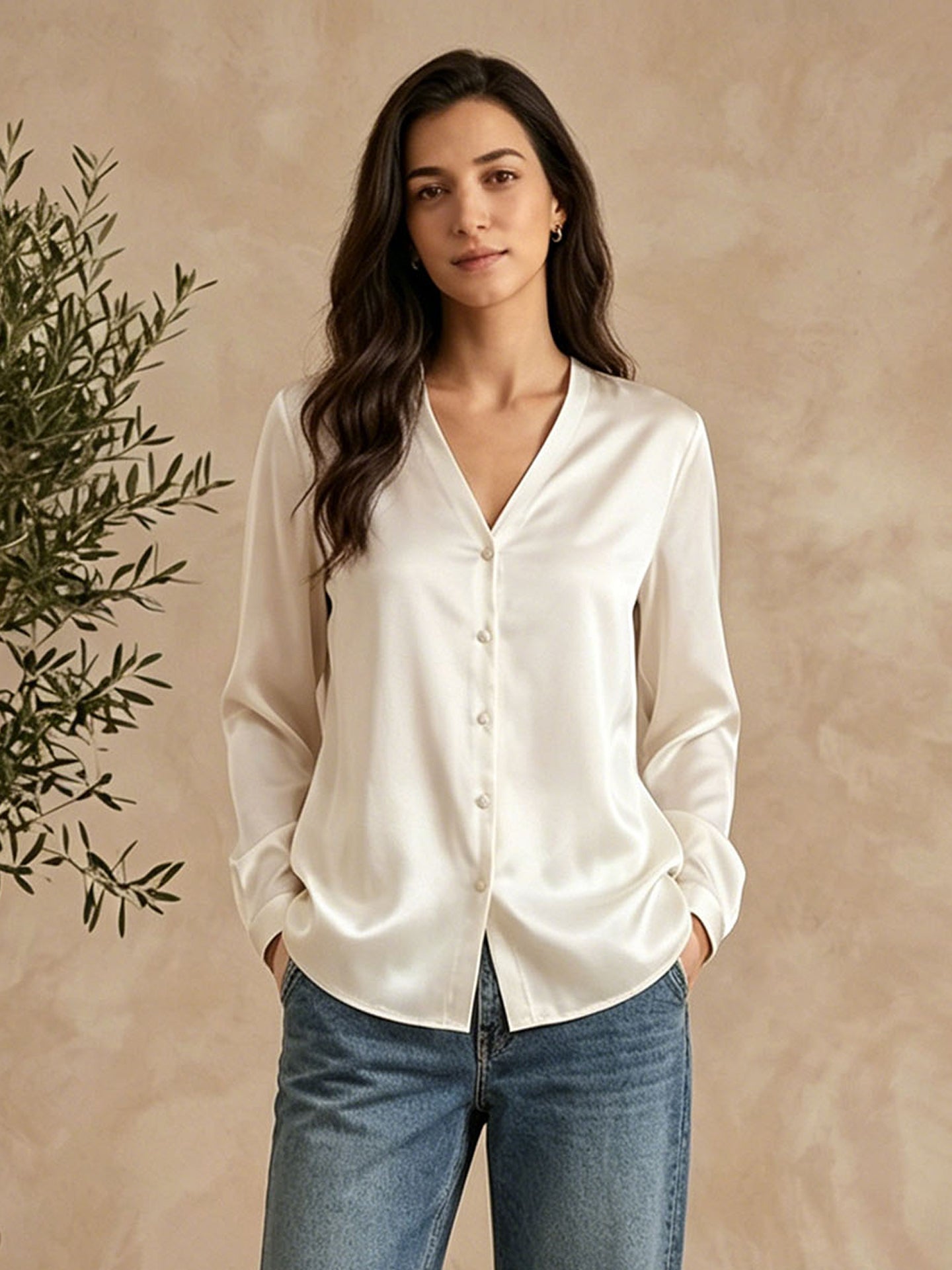 Classic V-Neck Stretch Silk Blouse#color_White