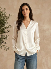Classic V-Neck Stretch Silk Blouse#color_White